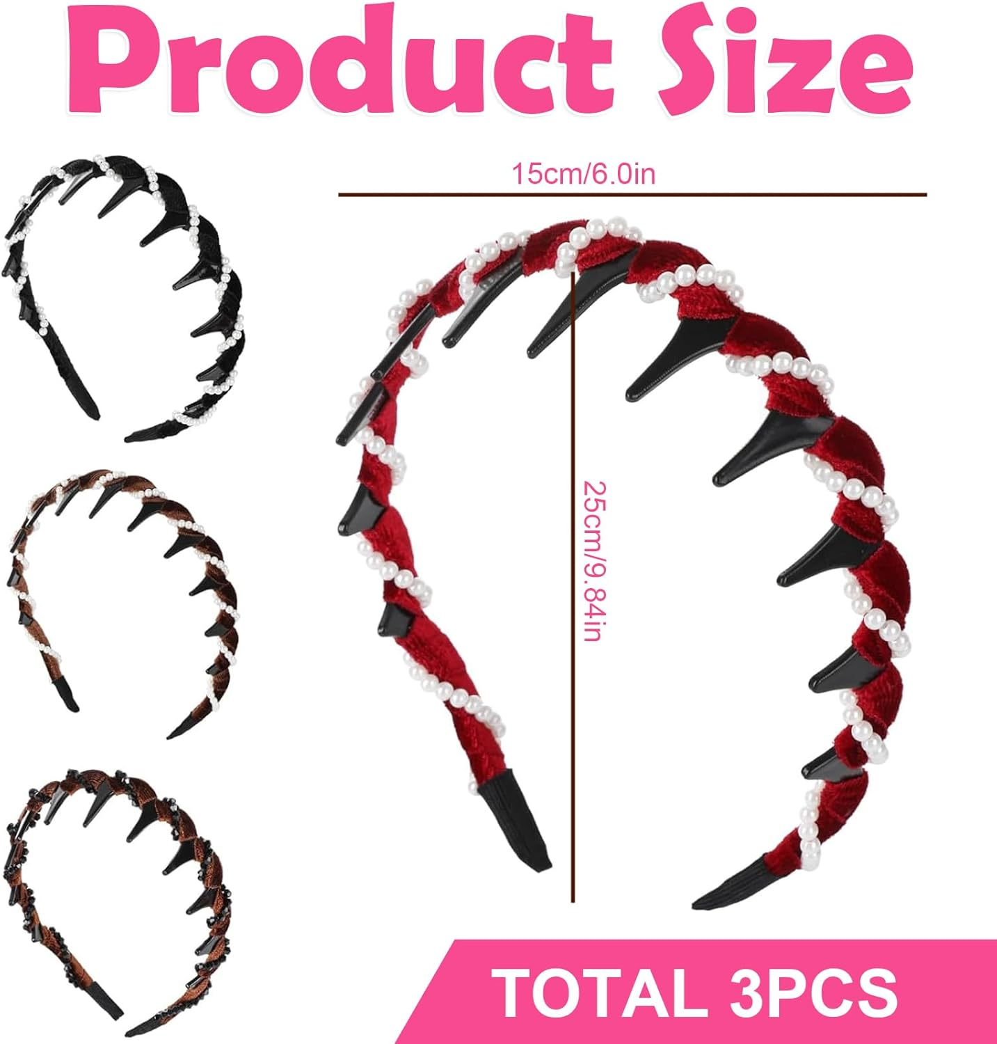 ASOMI 3 Pieces Vintage High Cranium Faux Pearl Headband, Elegant Pearl Headbands for Women and Girls, Decorative Hair Bands (Brown, Black, Red) image number 2