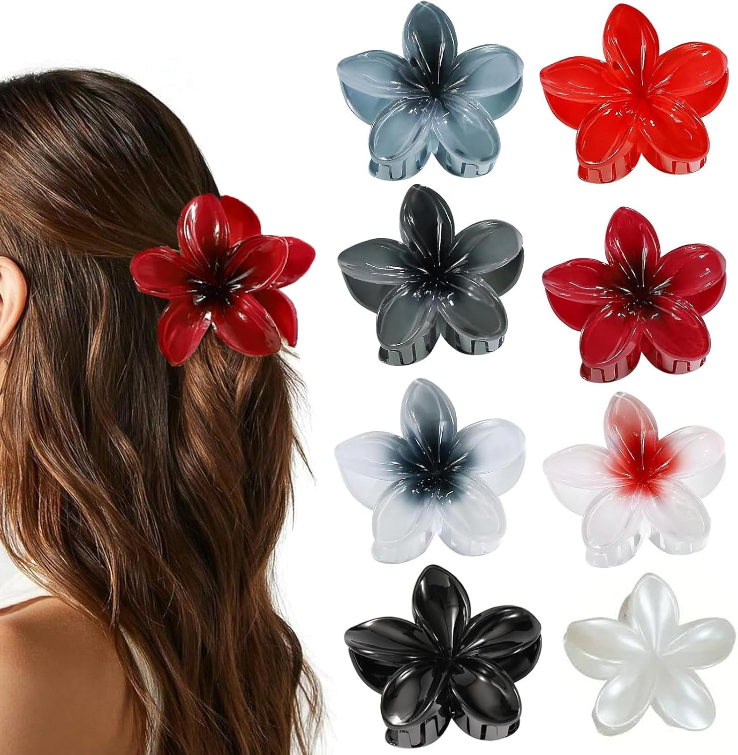 Flower Hair Claw Clamp for Women Large Hawaiian Flower Clip for Thin Thick Curly Hair (Black, White, Red) image number 3