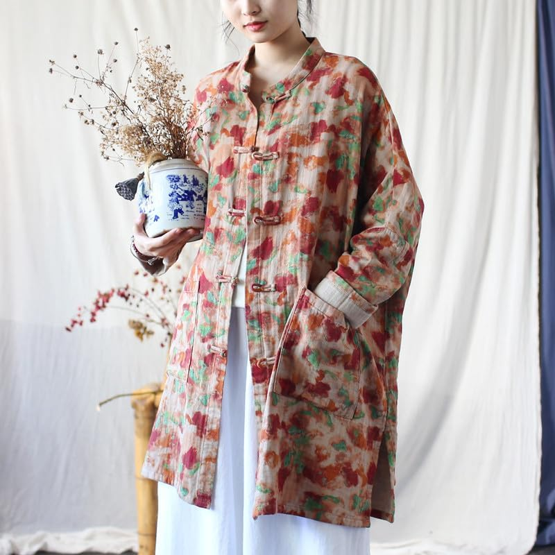 Stand Collar Women'S Spring Chinese Vintage Jacket Loose Fit Long Sleeve Top Frog Buttons image number 4