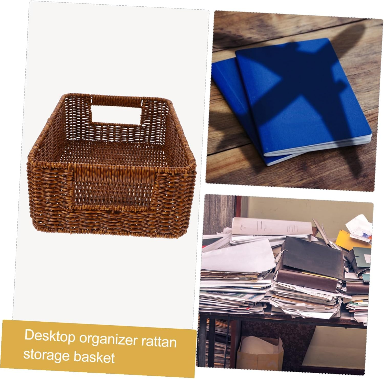 VALICLUD Woven Rattan Storage Basket with Handles for Desktop Organization Multipurpose Wicker Pantry Organizer for Home and Office Brown image number 5