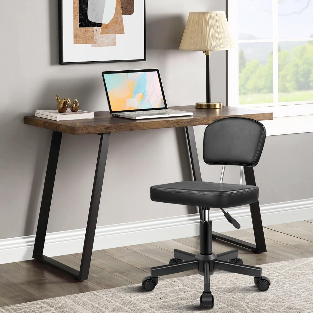 Rolling Stool Chair with Backrest Height Adjustable 360&deg; Swivel Stool with Wheels Square Seat PU Leather Rolling Stool for Bedroom Counter Shop Salon Massage Home Office Drafting Work (Black) image number 6