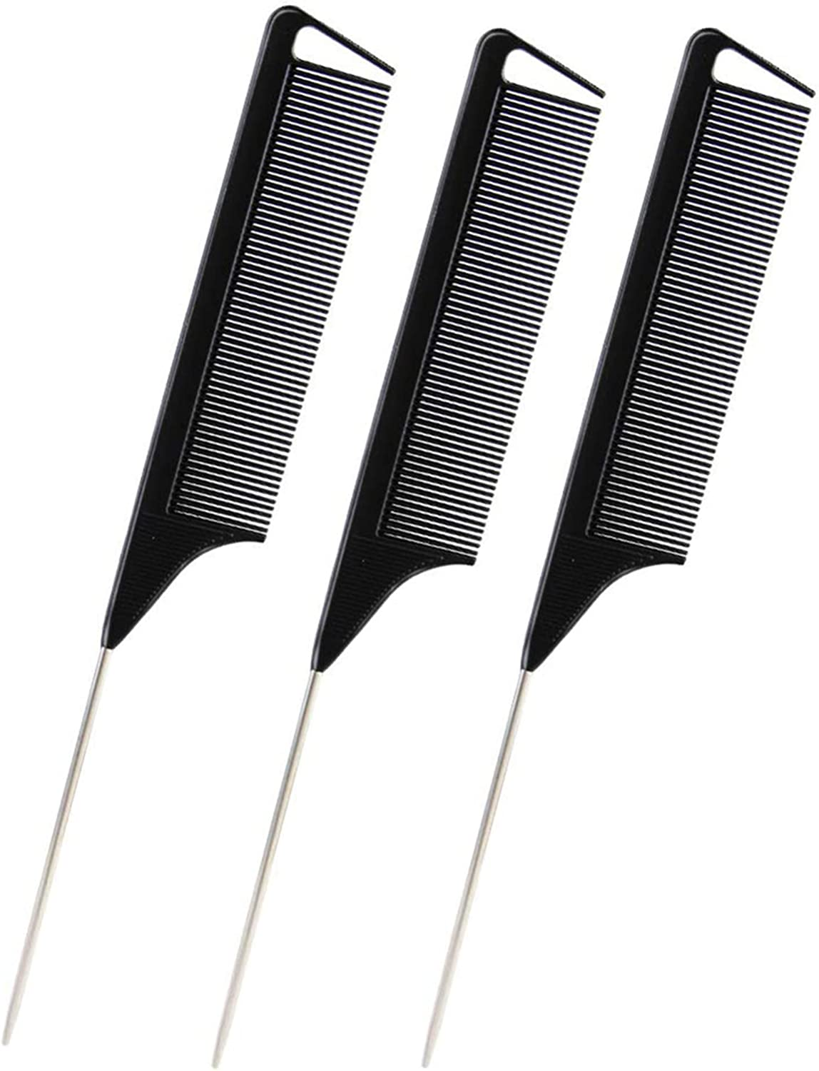3 PCS Black Tail Combs,Carbon Fiber Stainless Steel Pintail Comb and Heat Resistant Teasing Comb,Metal Parting Combs for Hair Styling Barber Salon Hairdressing Tools image number 2