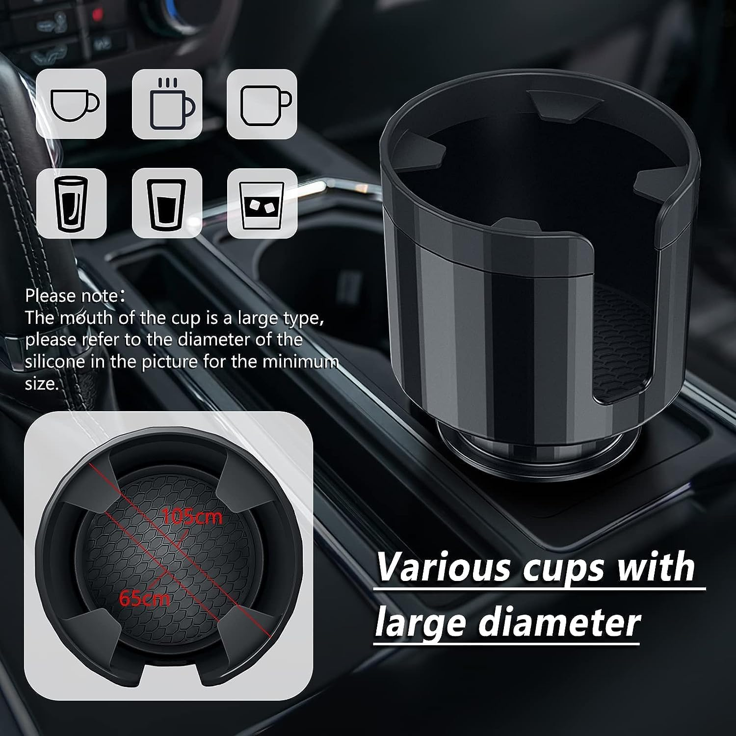 Car Cup Holder Expander, Cup Holder Extender with Adjustable Base,Compatible with Yeti,Nalgene,Camelbak,Hydro Flask-Fits Most Large Bottles and Mugs 590-1400 ML (6.8-10.4 CM) image number 5