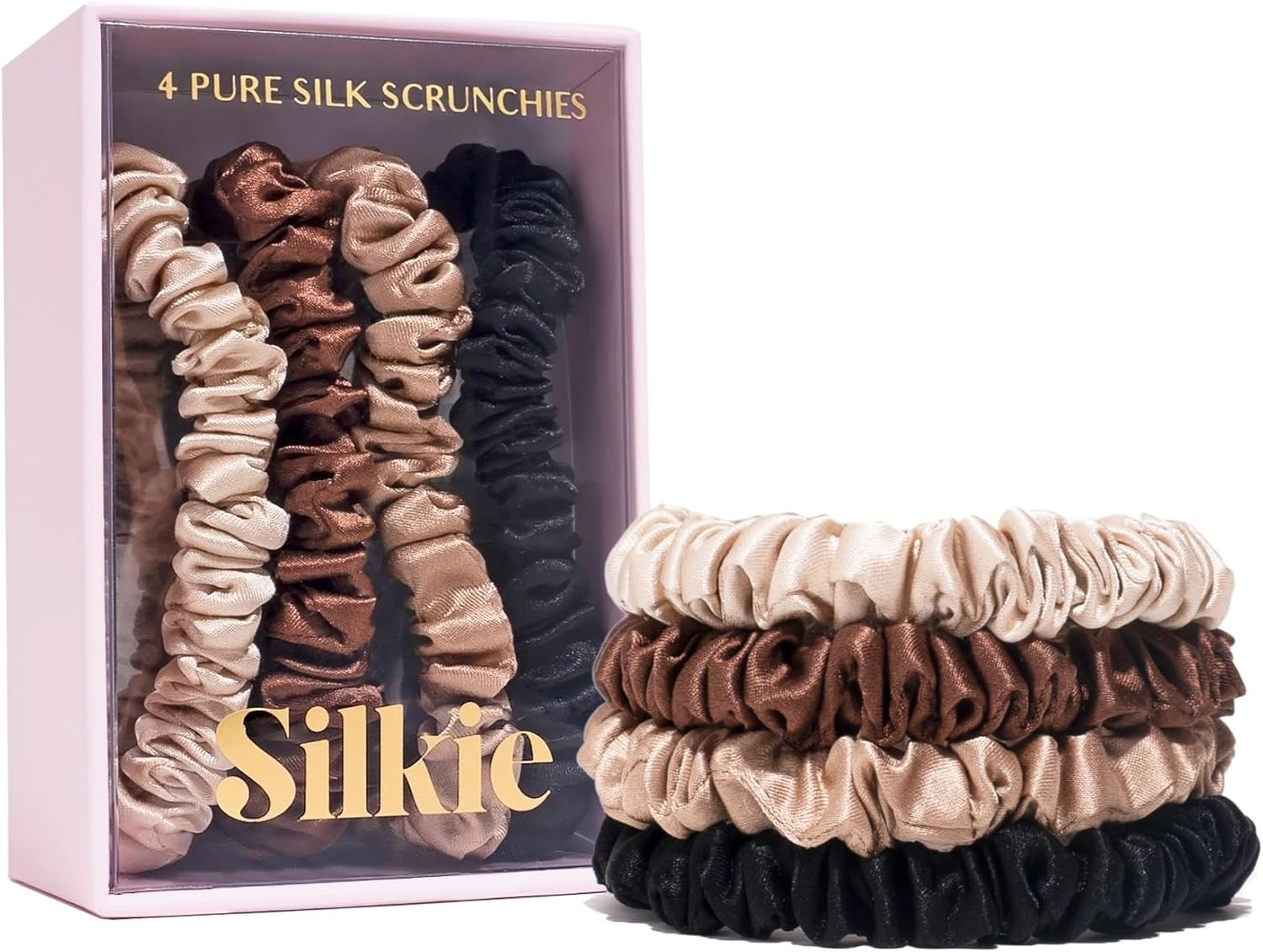 SILKIE 100% Pure Mulberry Silk Scrunchies Set of 4 Brown Travel Pouch Hair Care Elastic Hair Ties Ponytail Holder