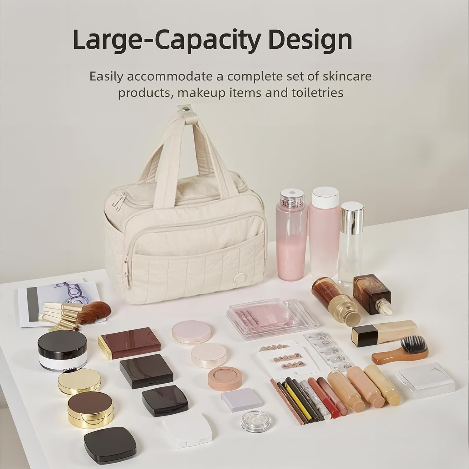 AJI Toiletry Bag Makeup Bag: Travel Toiletry Bag Cosmetic Bag - Lightweight Water-Resistant Travel Makeup Bag - Multiple Pockets Makeup Case for Makeup Storage Travel Toiletries (Milkshake White) - Milkshake White image number 4