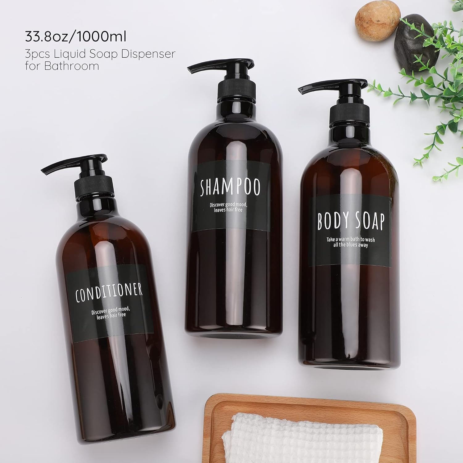 Segbeauty 32Oz Refillable Shampoo Bottles, Empty Shampoo and Conditioner Bottle with Pump, 3Pcs 1 Liter Lotion Dispenser for Body Soap Conditioner, Labeled Brown Plastic Press Dispenser image number 1