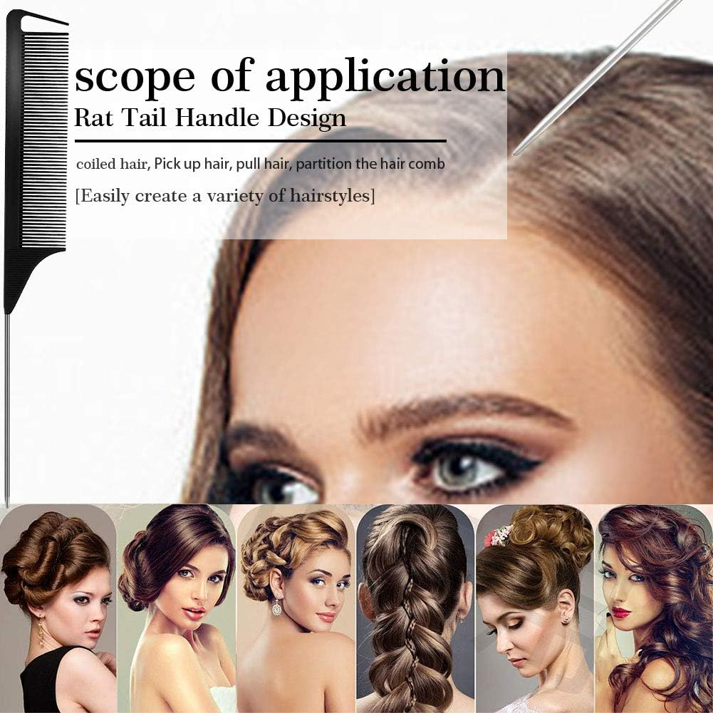 3 Pieces Rat Tail Comb Carbon Fiber Teasing Combs Parting Braids Comb Stainless Steel Pintail Comb Barber Styling Combs for Women Men Fine Teeth Salon Hairdressing Hair Care Tools image number 3