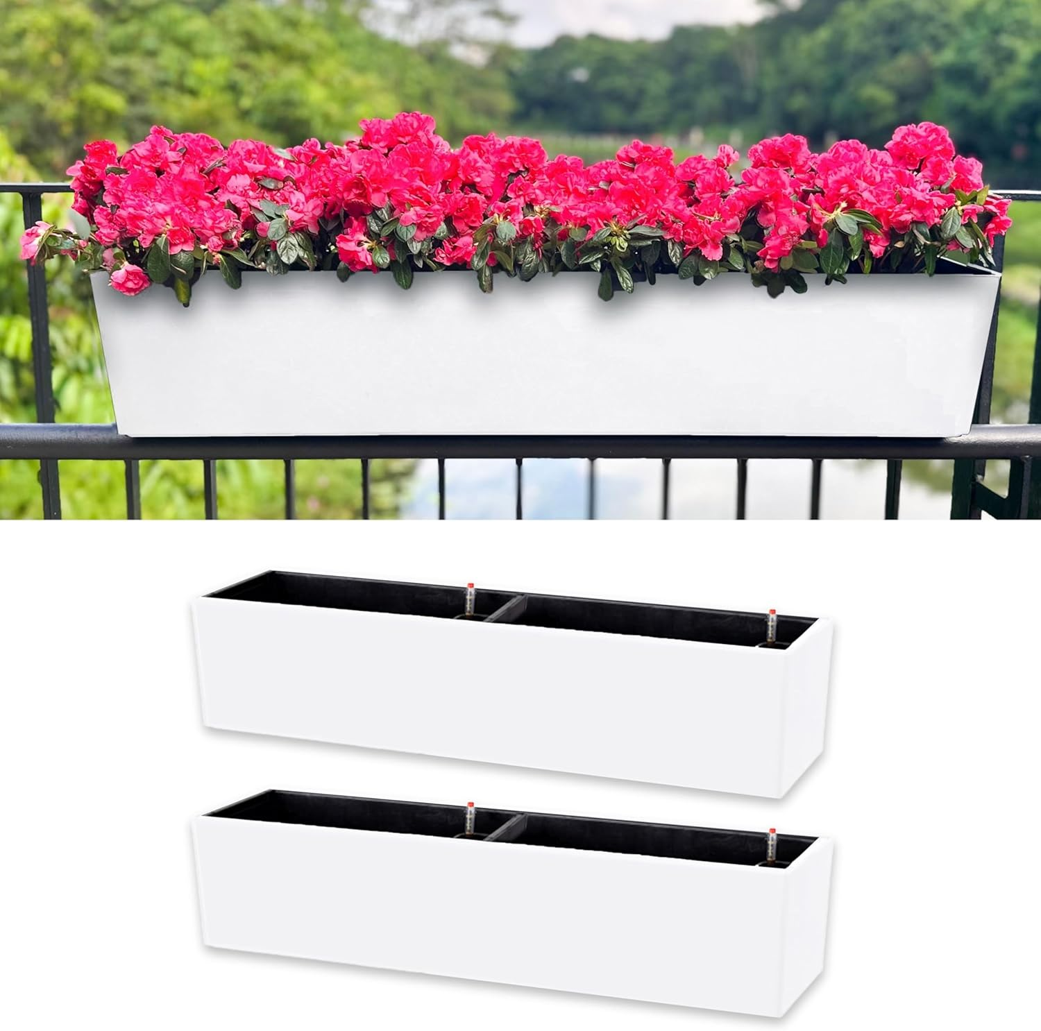 Lalagreen Hanging Planter Boxes (2 Pack, 40") Extra Large White Rectangular Window Flower Box with Bracket Self Watering System Railing Planters for Outdoor Plant Pot Container Deck Rail Fence Balcony image number 6