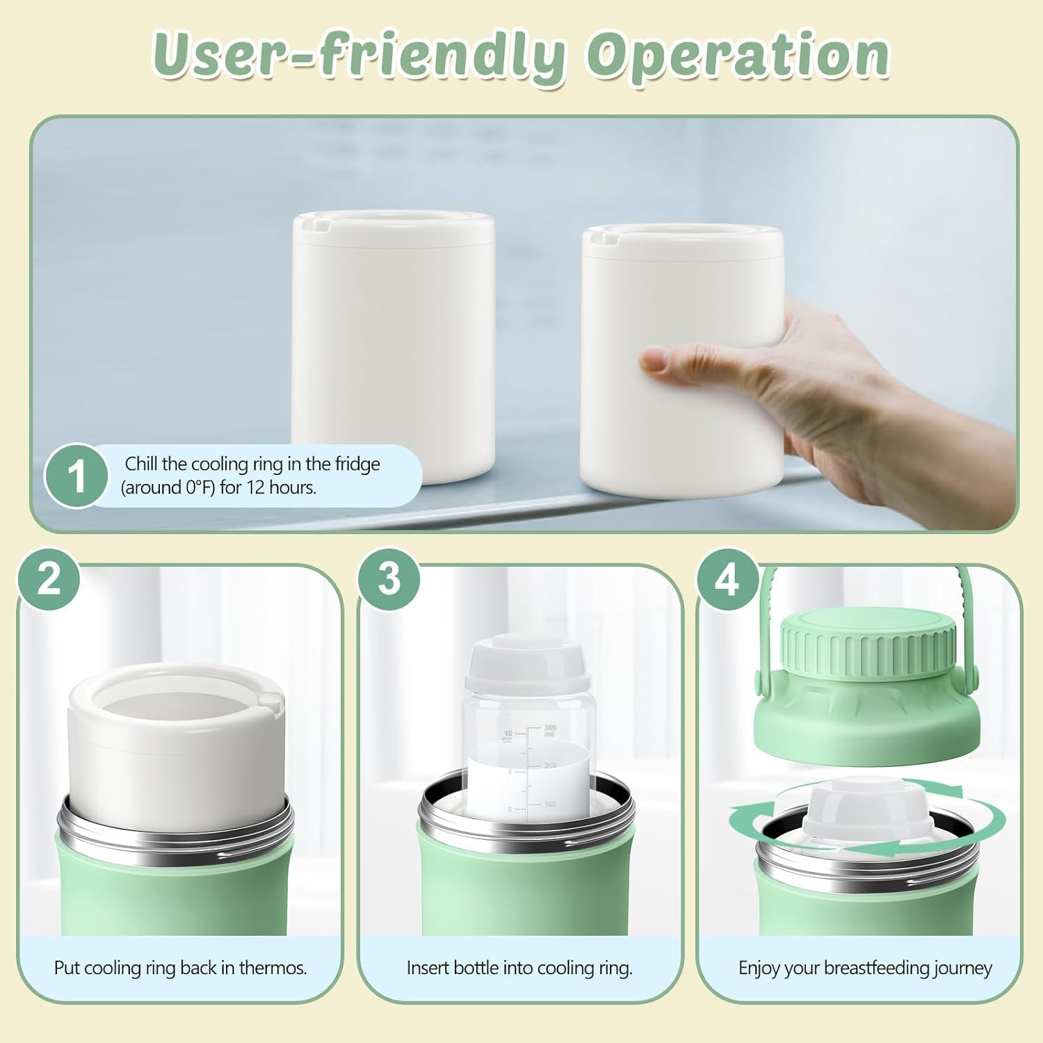 Forubar 600Ml Portable Breast Milk Cooler, Breastmilk Cooler Bottle 360&deg; Total Cooling for 24 Hours with 2Pcs Baby Bottles for Breastmilk Storage image number 2