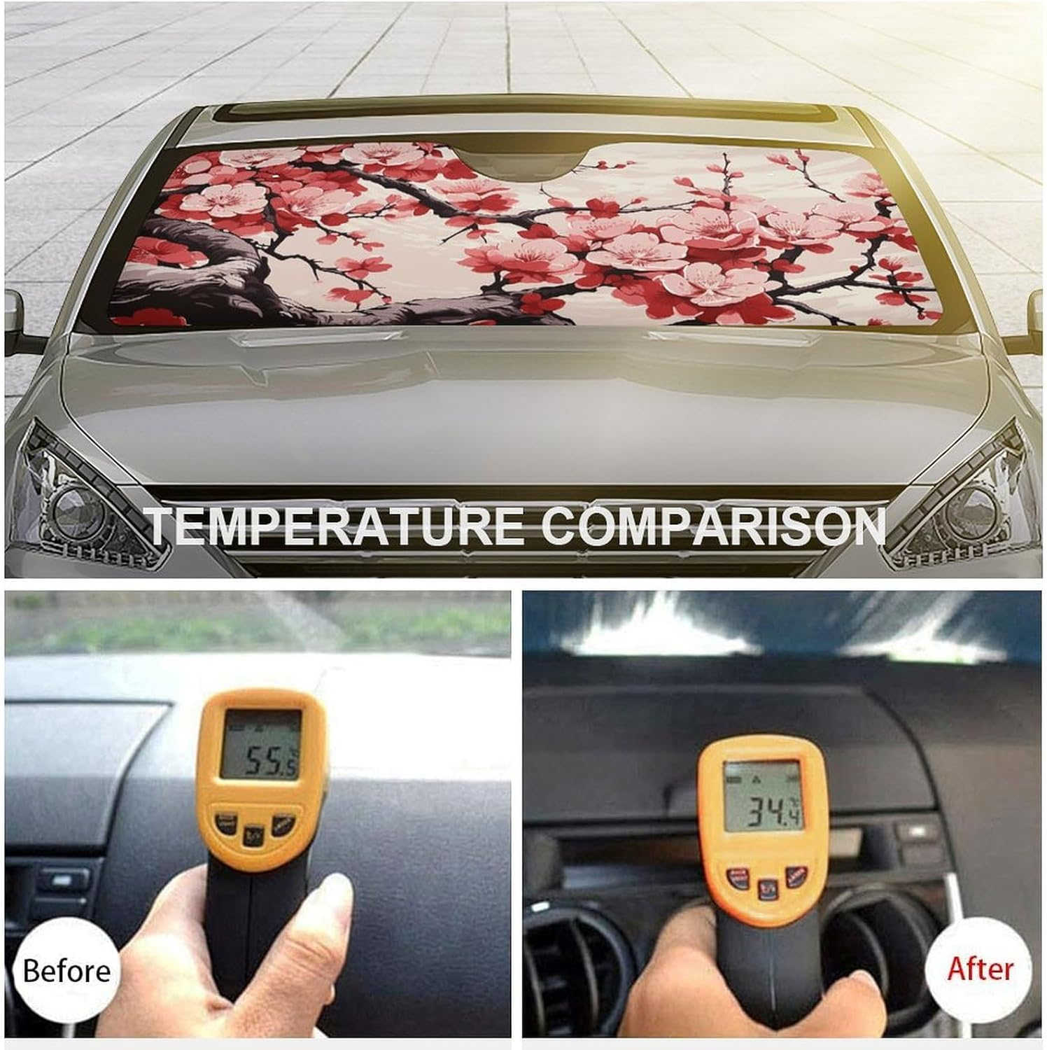 Car Windshield Sunshade, Japanese Floral Cherry Blossom Print Car Sun Guard Foldable Windshield Sunshade Car Sunshield for Sedans, Suvs, and Trucks image number 3