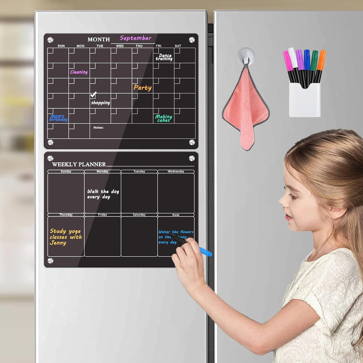 Acrylic Fridge Calendar for Refrigerator Monthly and Weekly Magnetic Planner Board Reusable Planner Board Organiser Board for Kitchen 2PCS Planning Boards Black image number 3