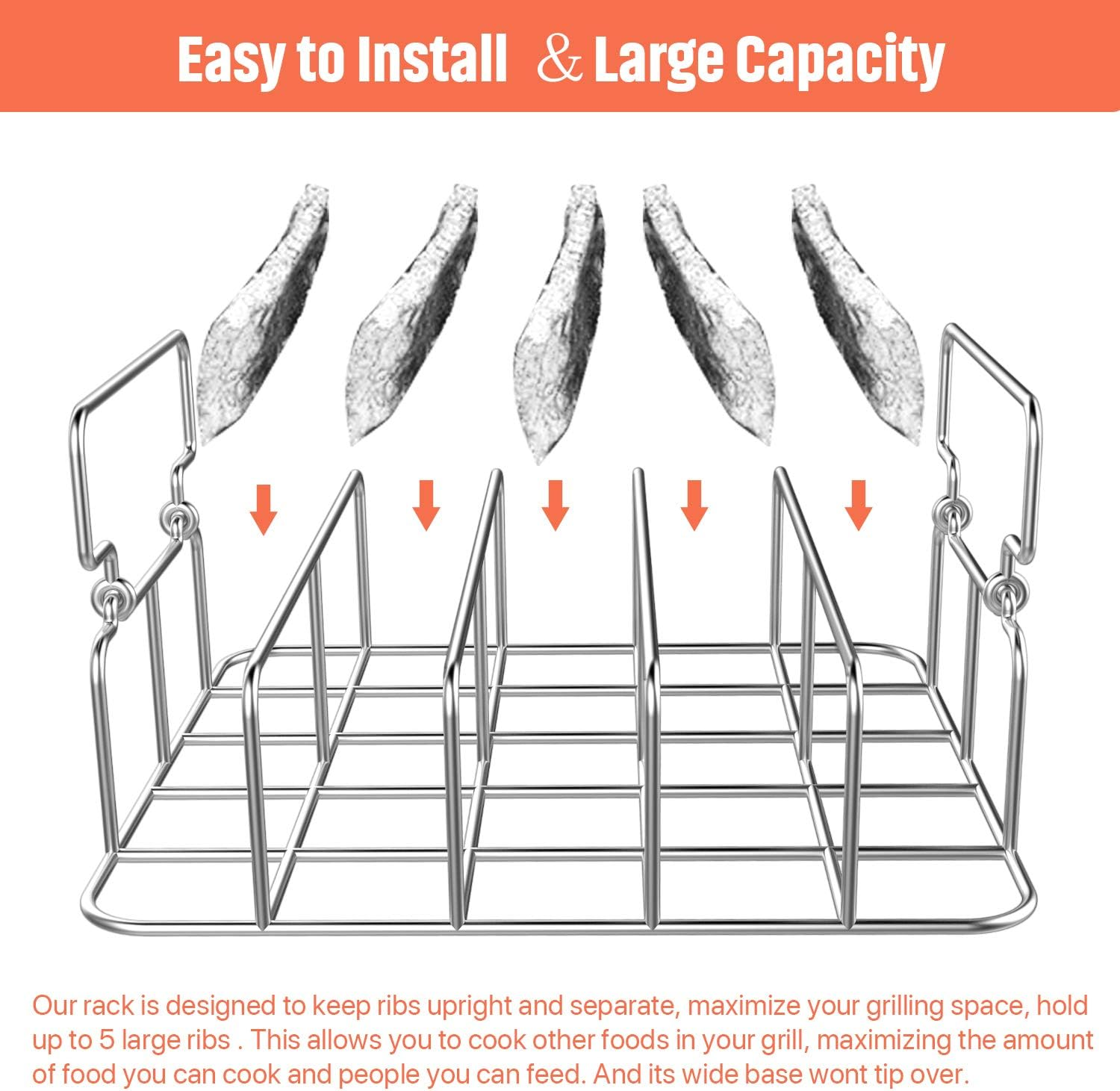 Durable Stainless Steel Rib Rack with a Silicone Oil Brush, BBQ Stand with 2 Handle for Smoker,Oven and Grill, Cook up to 5 Ribs at a Time image number 3