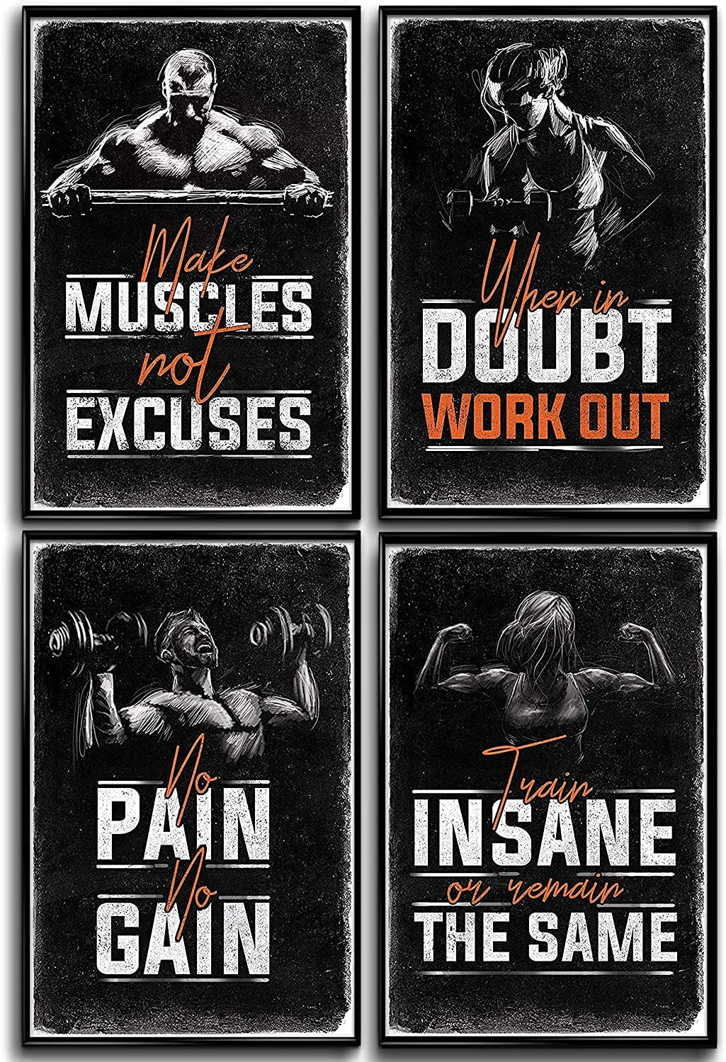 Bodybuilding Motivational Fitness Posters Set of Four. Wall Art Inspiration and Quote Decals with Workout Weight Lifting and No Excuses Inspirational Images. No Pain No Gain Prints. Great Mens Gifts