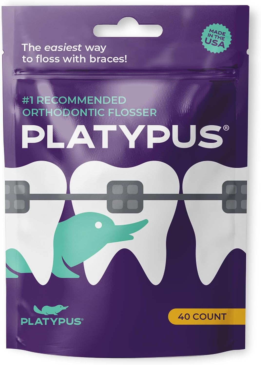 Platypus Orthodontic Flossers for Braces | Ortho Picks for Adults & Kids | Fits under Arch Wire | Non-Damaging | Encourage Flossing Habits | Floss Teeth in Less than Two Minutes | 40 Count (Pack of 1) image number 1
