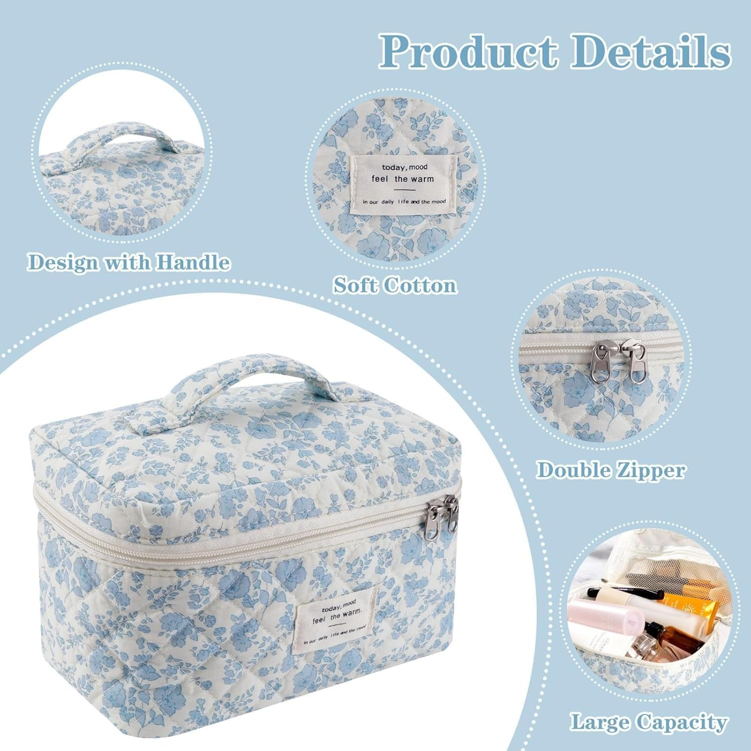3 Pcs Cotton Quilted Makeup Bag Set,Floral Makeup Bag,Cute Makeup Bag,Travel Makeup Bag,Large Toiletry Cosmetic Bag Makeup Bag Organizer for Women Girls image number 3