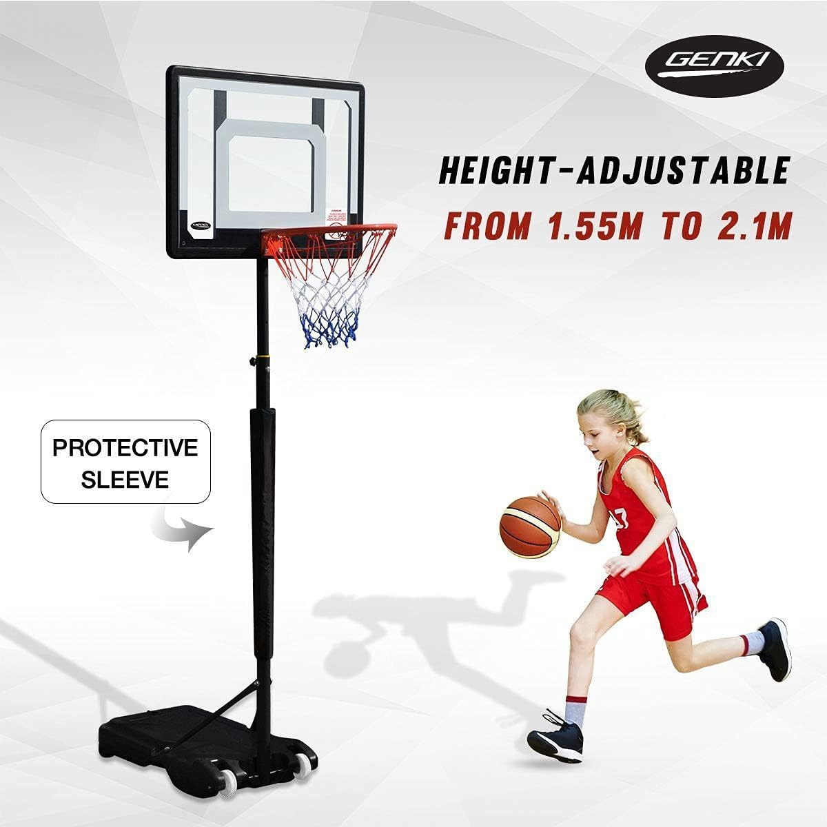 GENKI Portable Basketball Hoop Stand System for Juniors (1.6-2.1M) Adjustable Height W/Wheels, 38CM Steel Rim Backboard Nylon Net Wheeled Base for Indoor Stadium Outdoor Backyard Playground image number 4