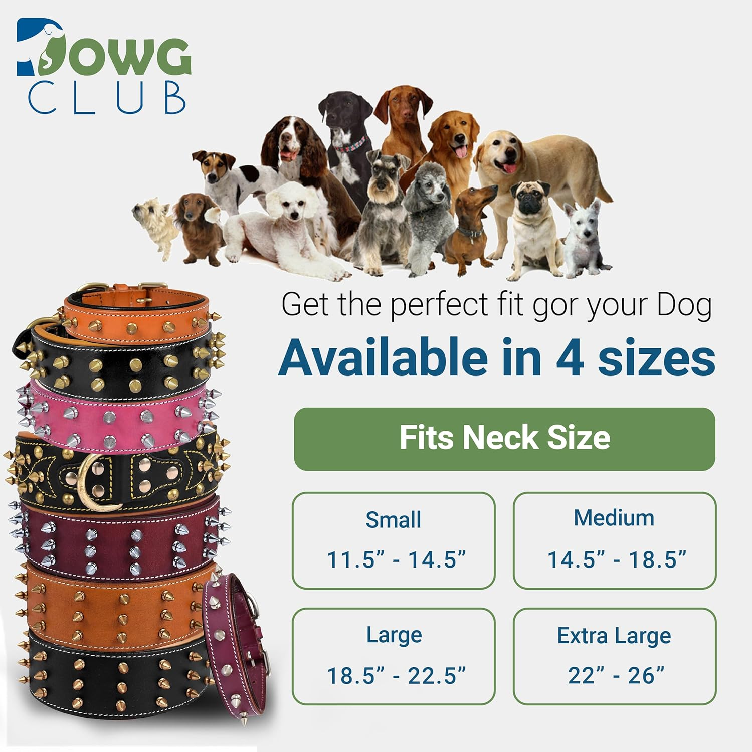 Dowgclub | Genuine Leather Spiked Dog Collar | Full Grain, Heavy Duty | Comfortable, Strong, Best for Medium, Large, XL Breeds | (L (Fit Neck Size 18.5"-22.5"), Brown with Gold Spikes) image number 1