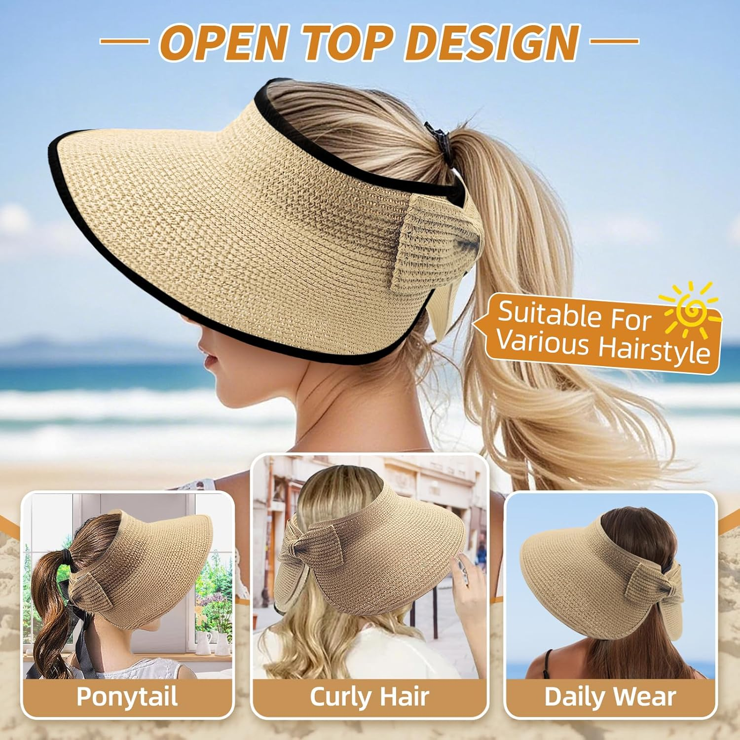 XMMAXFLOW Sun Hats for Women Beach Hats Wide Brim Straw Sun Visors Ponytail Hat Summer Packable Foldable Travel image number 1