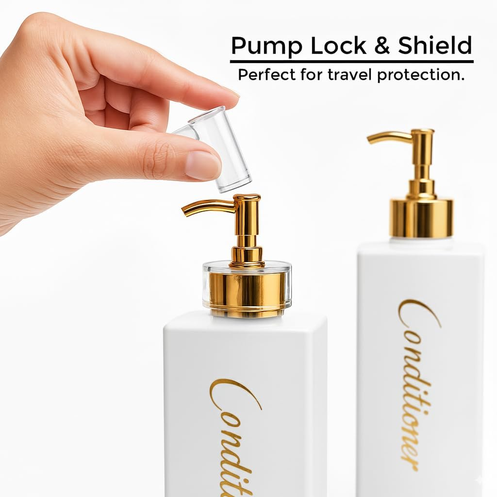 Umadeus Shampoo and Conditioner Dispenser - Essentials Toiletry Bottles - Shower Refillable Shampoo and Body Wash Soap Pump Bottle &ndash; 3X 27Oz Containers - White All Gold 1 Square image number 5
