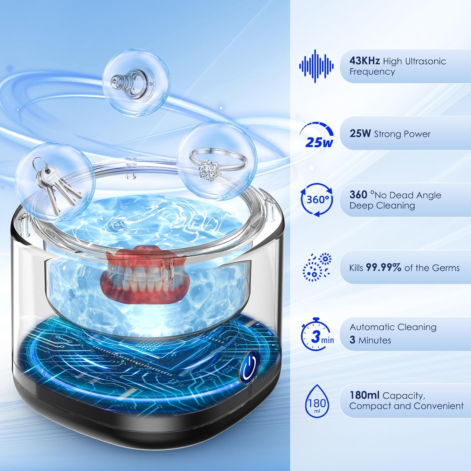 Ultrasonic Cleaner for Dentures, Invisalign, Mouth Guard, Aligner, Whitening Trays, 43Khz 180ML Portable Ultrasonic Jewelry Cleaner Ultrasonic Retainer Cleaner for Home and Travel Use image number 4
