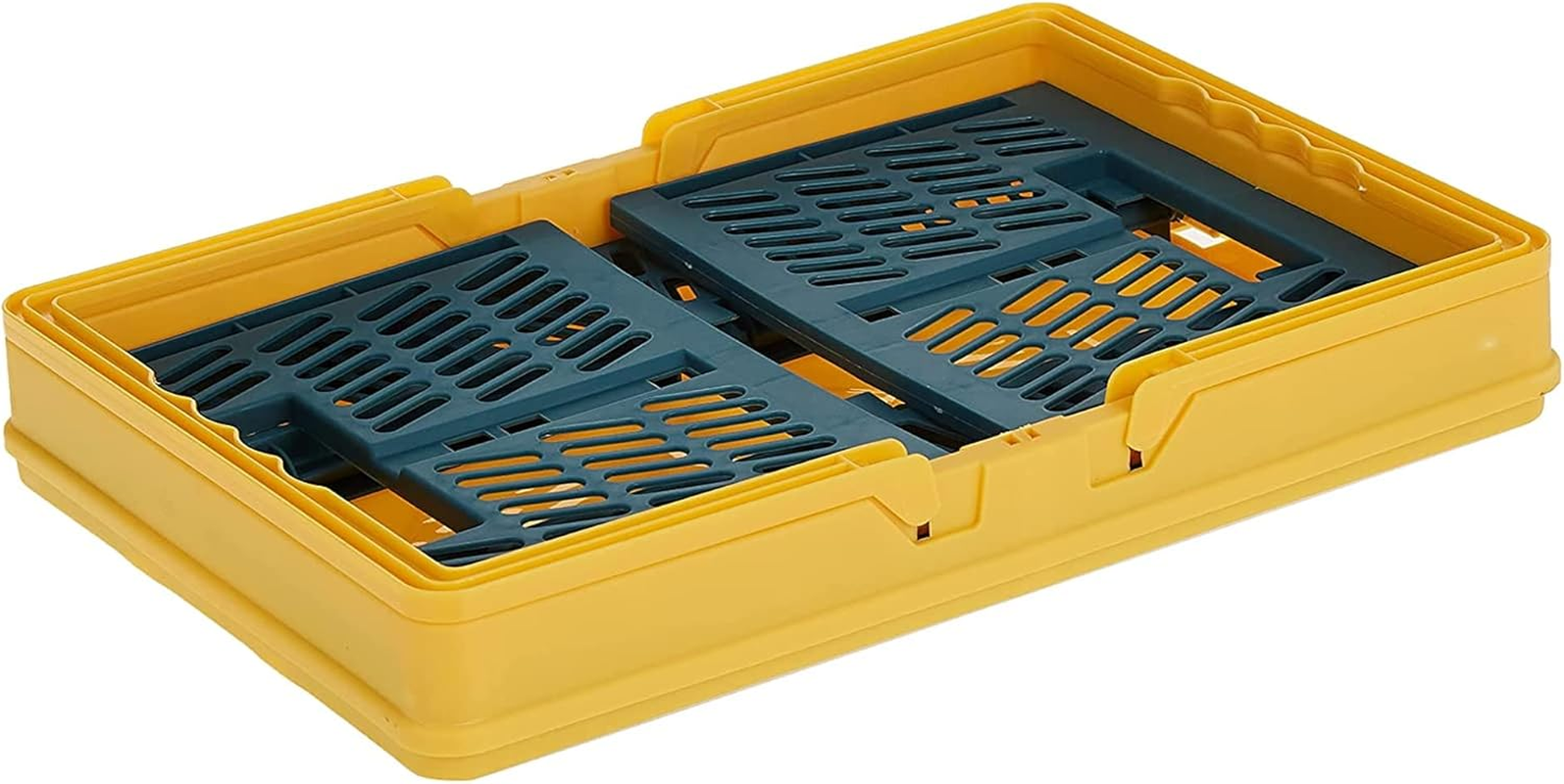 Sulfar Plastic Storage Crate, Foldable Shelf Storage Basket with Plastic Handle, Bins for Food, Fruit, Vegetables, Snacks Bottle Toys Toiletries, Home Kitchen, Office Storage Box - Yellow image number 2