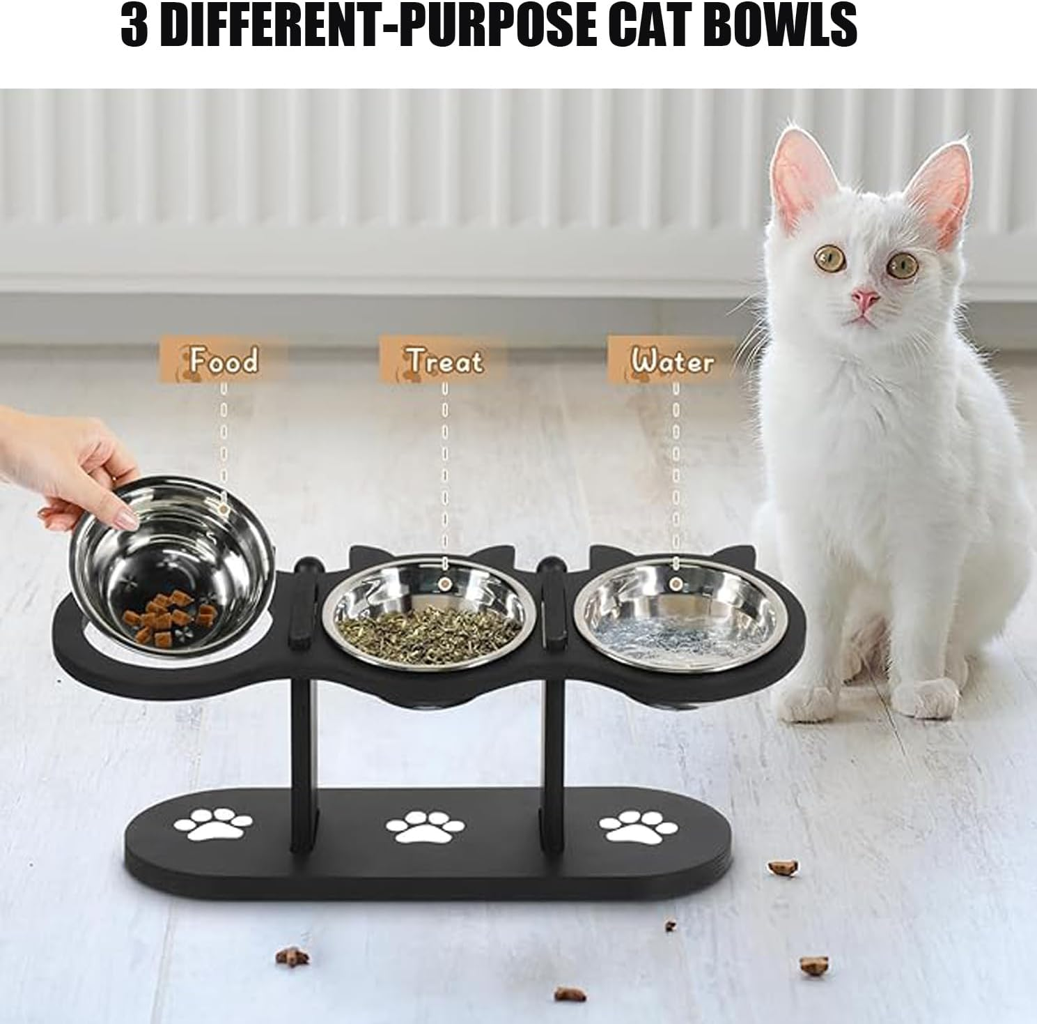 Elevated Cat Bowls - 3 Stainless Steel Elevated Cat Food Dishes with Stand 15&deg; Swivel and a Placemat (Wood) image number 5