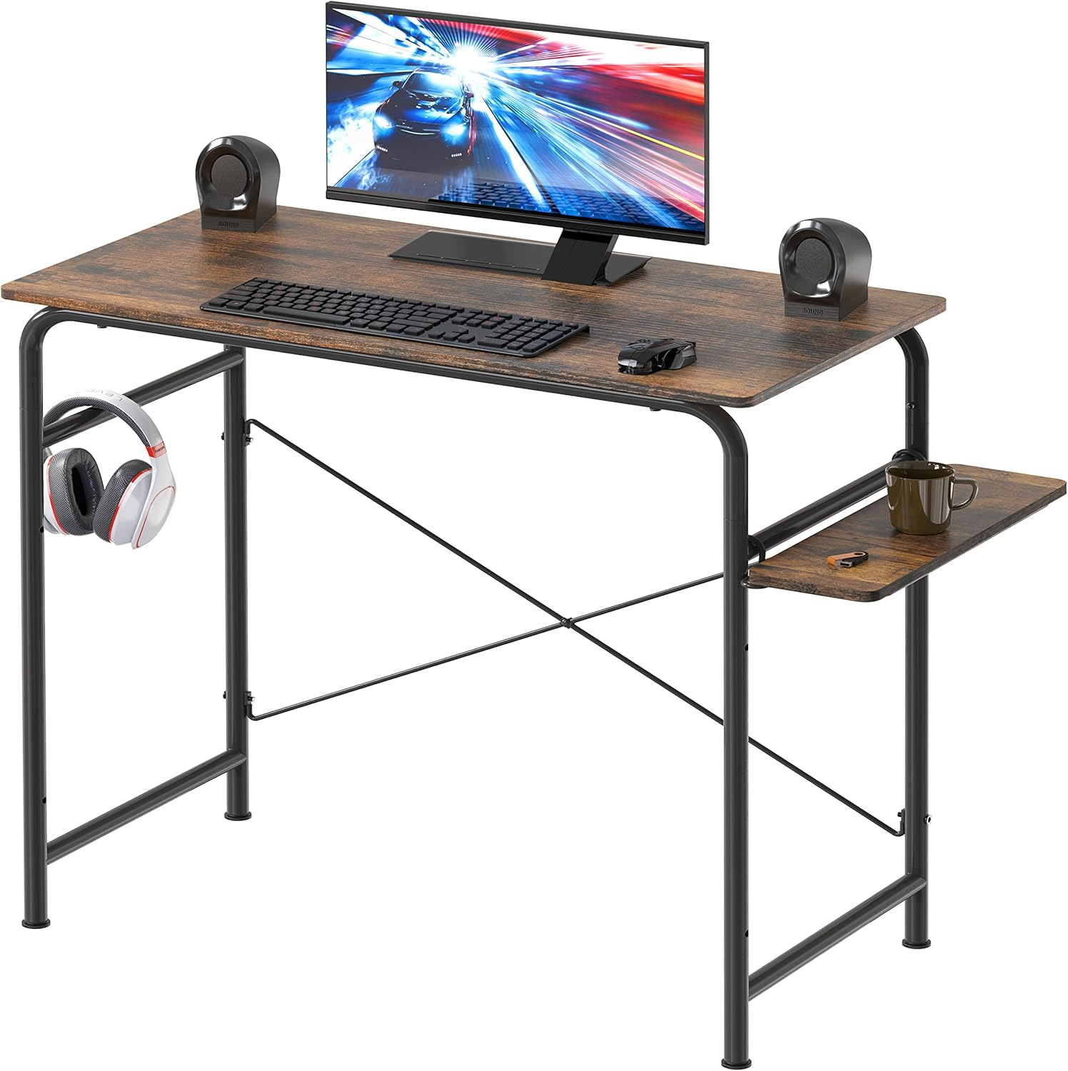 SHW 78Cm Gaming Computer Desk with Shelf, Rustic Brown image number 2