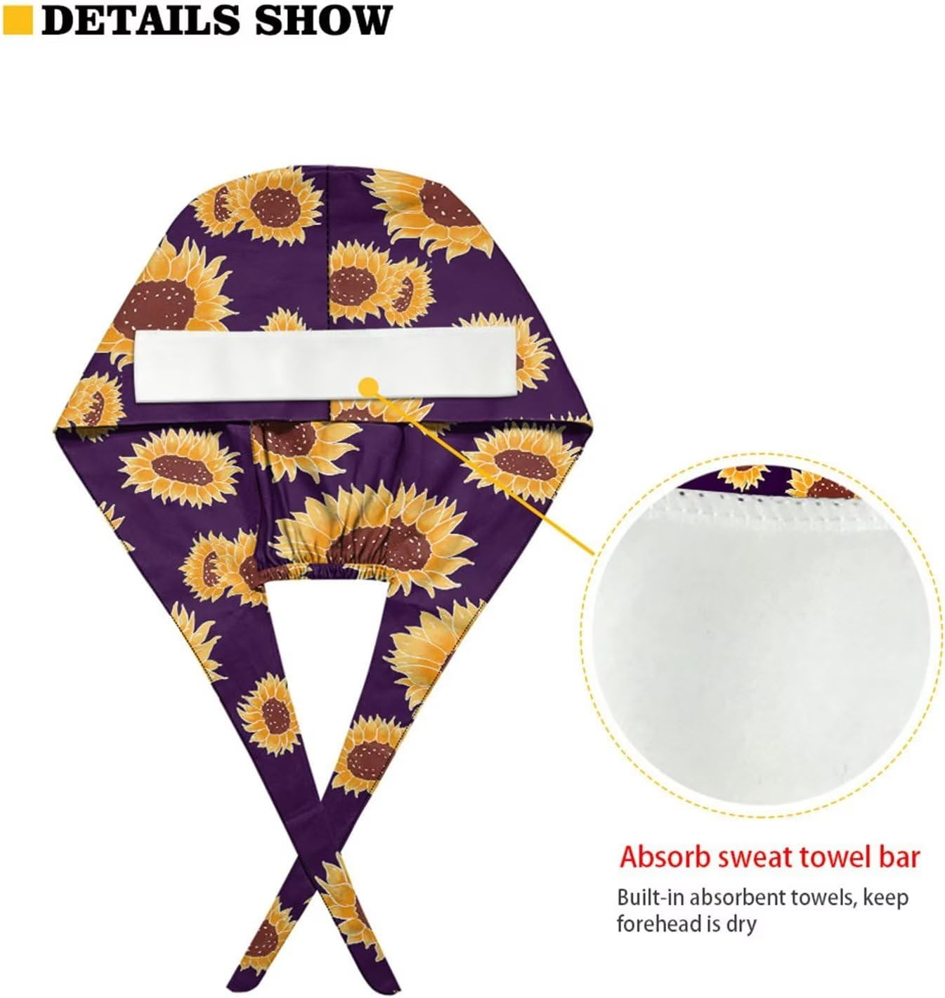 Yuuxorilu Scrub Cap Set 4 Pack,Women Men Working Cap with Adjustable Tie Sweatband - Hippie Daisy Yellow image number 2