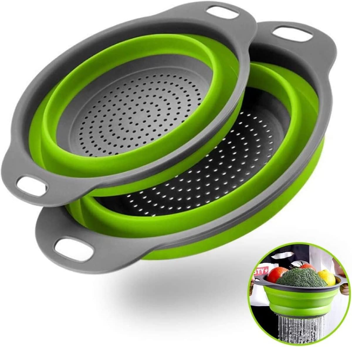Collapsible Colander Set of 2 round Silicone Kitchen Sink Strainer Set and Fruit Basket- 1 Large 1 Small Perfect for Draining Pasta, Vegetable and Fruit - Home Essentials (Green)