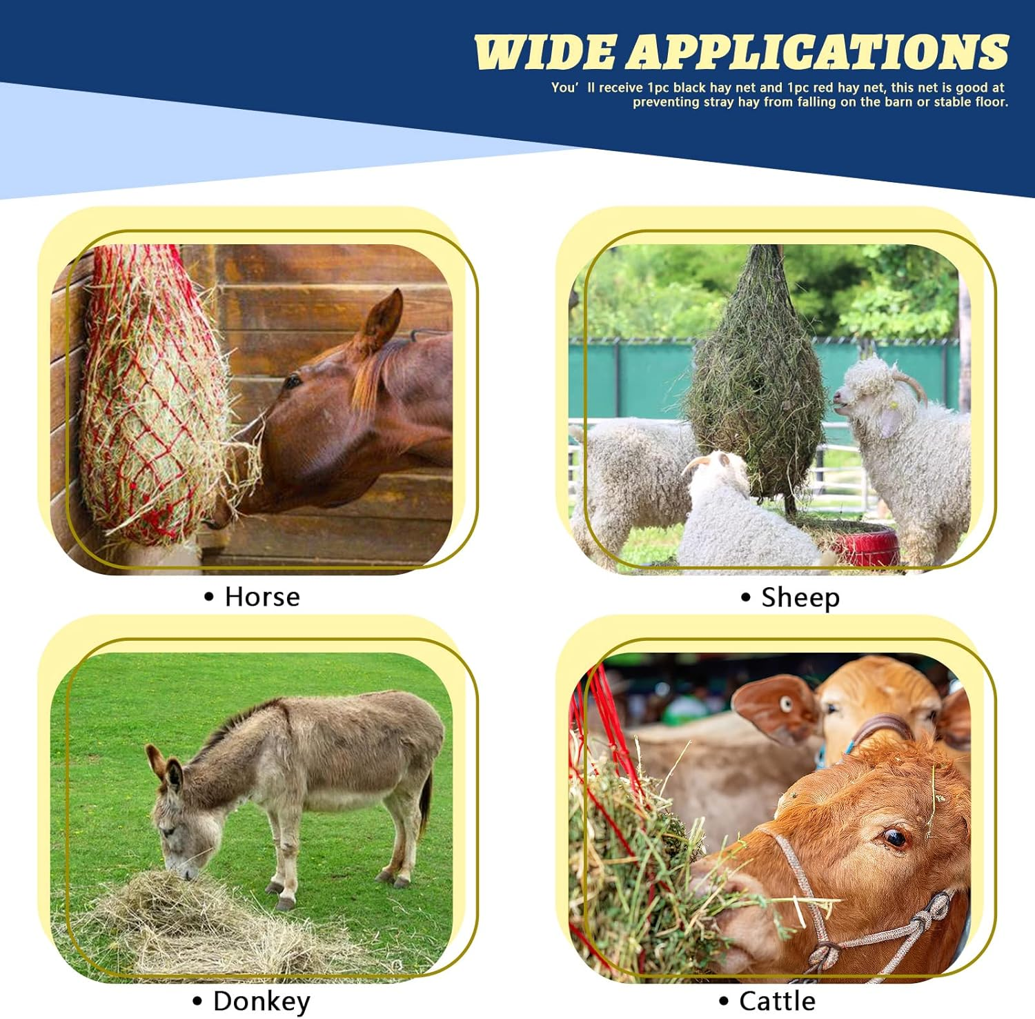 Glarks 2Pcs 36" Ultra Slow Feed Hay Net, 2 Color Large Heavy Duty Poly Horse Hay Net Equine Feeding Bag for Trailer and Stall, Simulates Grazing, Reduce Waste (Black, Red) image number 6