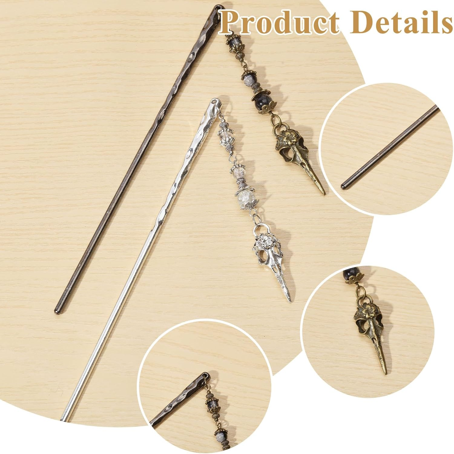 CHGCRAFT 2Pcs 2 Colors Bird Skull Hairpin Alloy Glass Hair Sticks Accessories Hair Sticks Buns for Woman, Silver and Golden, 10.6Inch image number 2