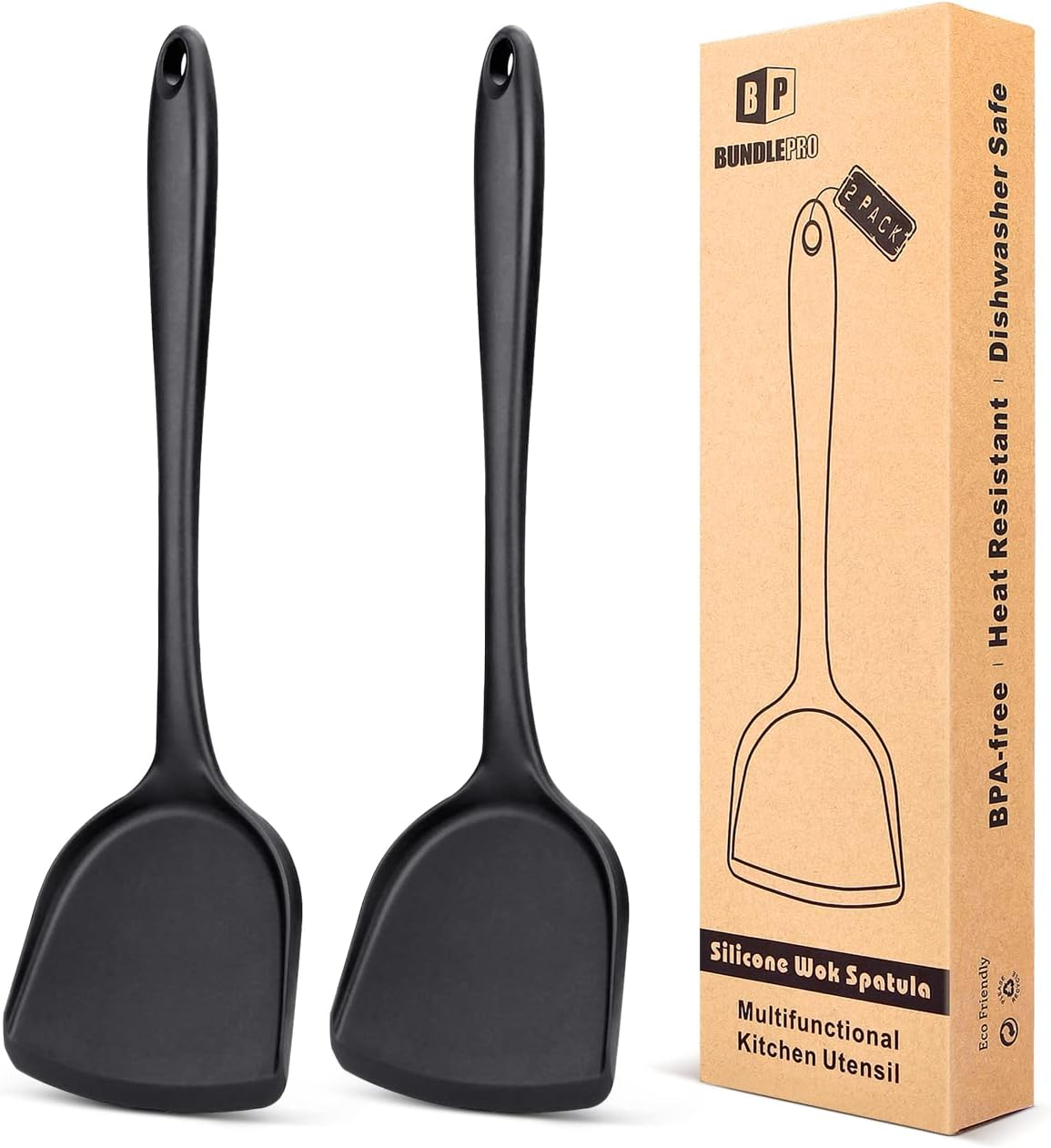 Pack of 2 Silicone Wok Spatula, Non-Stick, Heat, Stain and Odor Resistant, Easy to Clean and Dishwasher Safe, Seamless Kitchen Utensil for Cooking, Baking, Stir-Fry (Black)