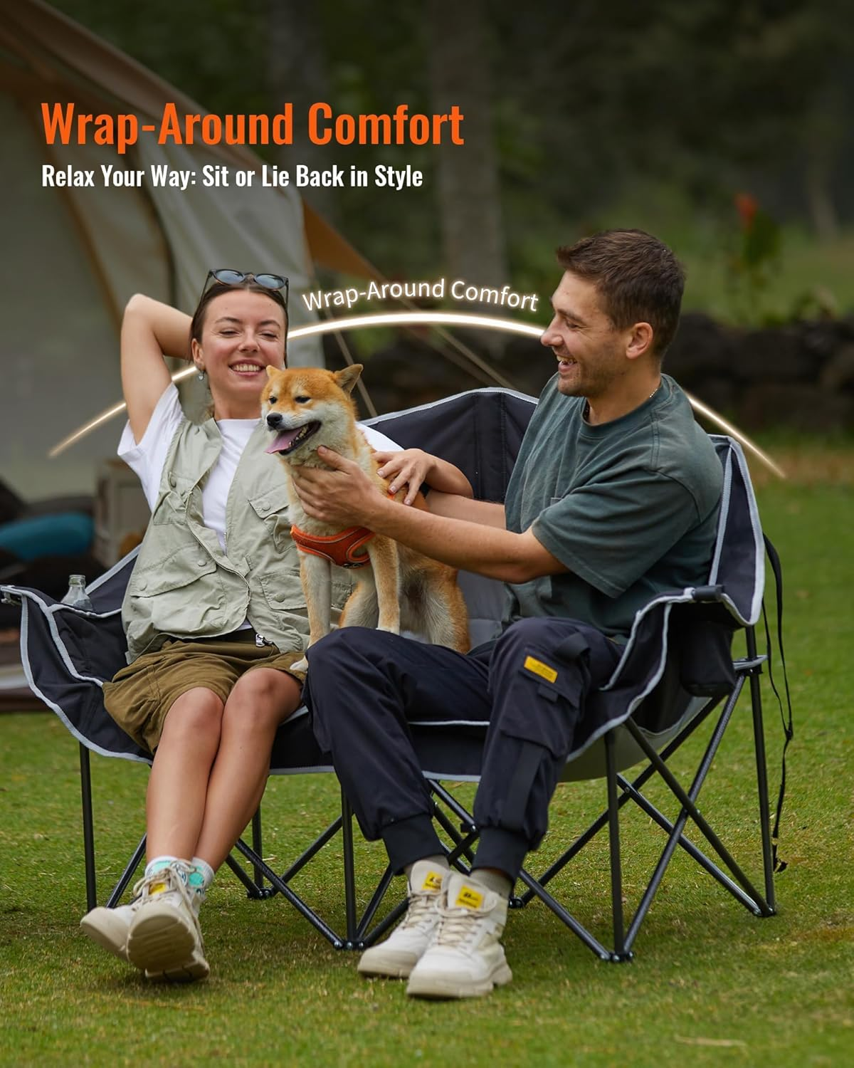 Double Camping Chair, Oversized Heavy Duty Loveseat for Adults Portable Folding XL 2 Person Couch Padded Comfortable Two Seat with Cup Holder for Outdoor Lawn Backyard XL 2 Person Black/Grey