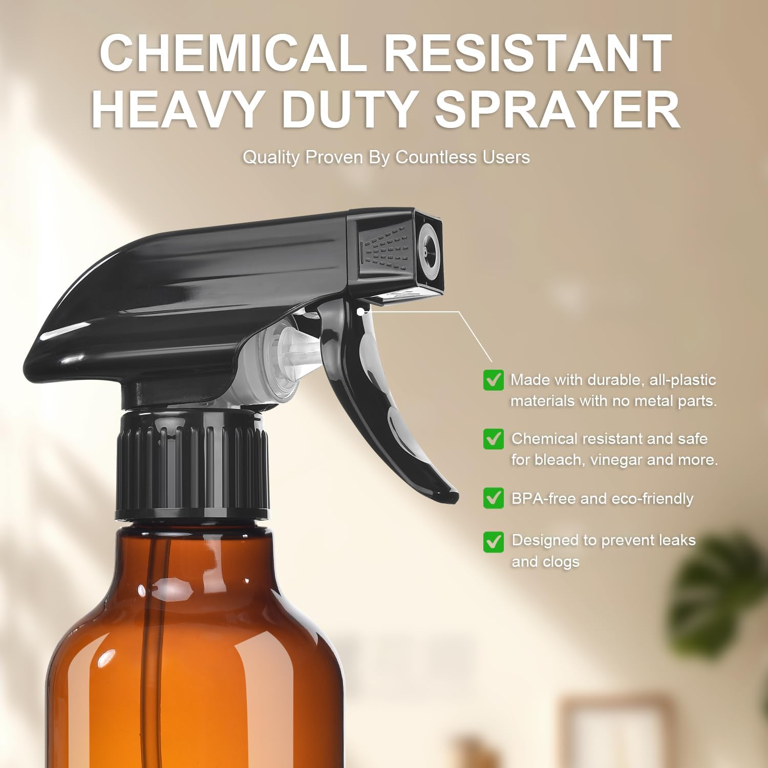 Uineko Spray Bottles 2-Pack, 10 Oz, Mist & Stream, Heavy Duty Spraying Empty Water Sprayer Bottle, BPA Free Plastic Refillable Containers for Cleaning Solutions, Plants, Hair, Essential Oils (Amber) image number 4