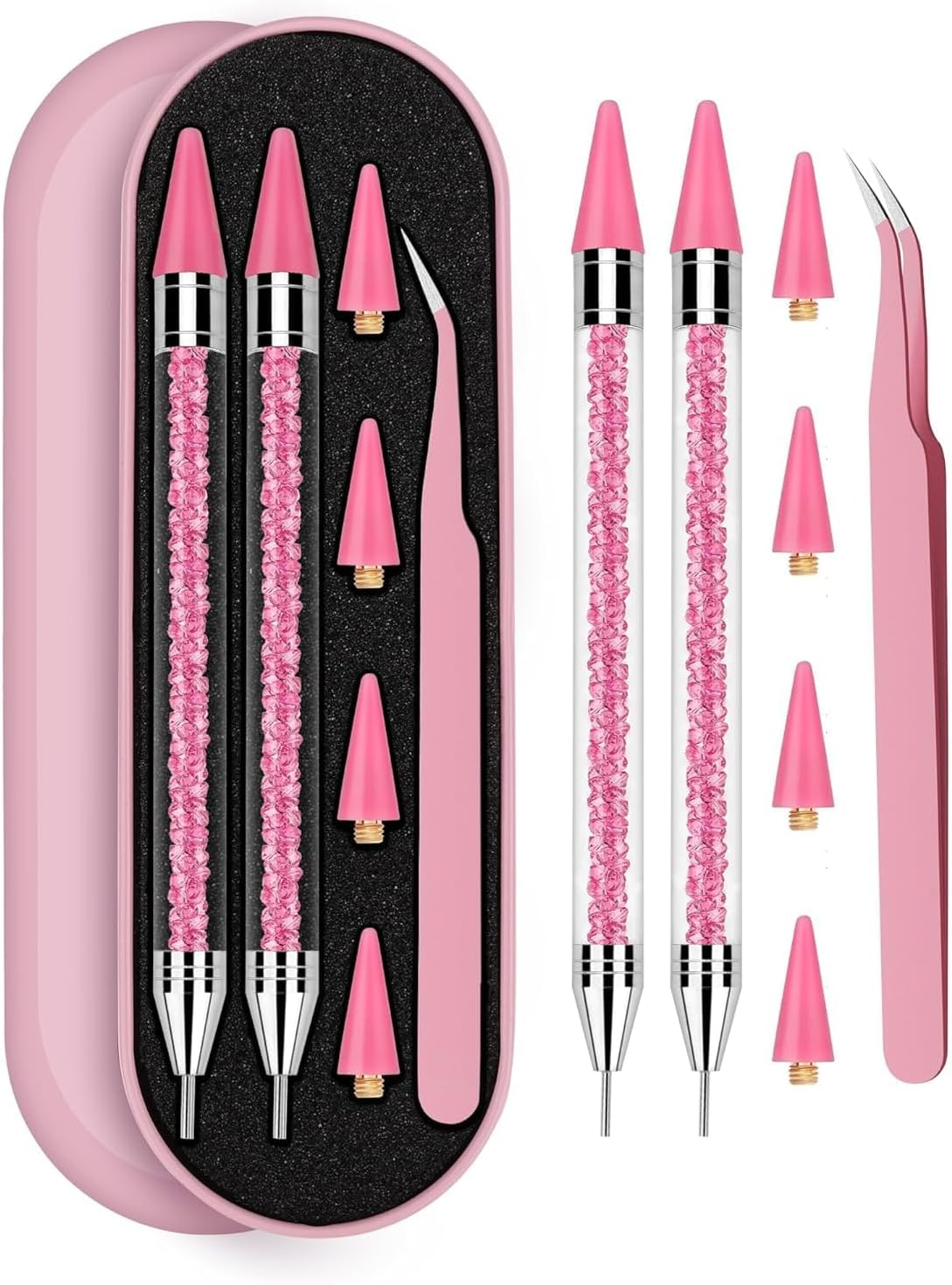 Difenni Rhinestone Picker Tool Set,Rhinestone Applicator Tool,Rhinestone Picker Dotting with 4 Extra Pink Replaceable Wax Head and 2 Tweezer (Pink)