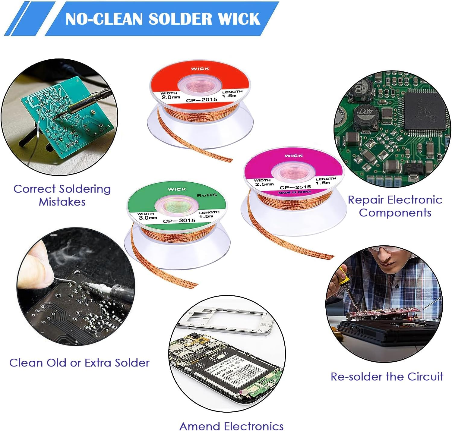 6 Pcs Solder Wick Solder No-Clean Braid Wick Set, 1.5 Meter Length Desoldering Braid Wick (2.0 Mm, 2.5 Mm, 3.0 Mm) image number 6