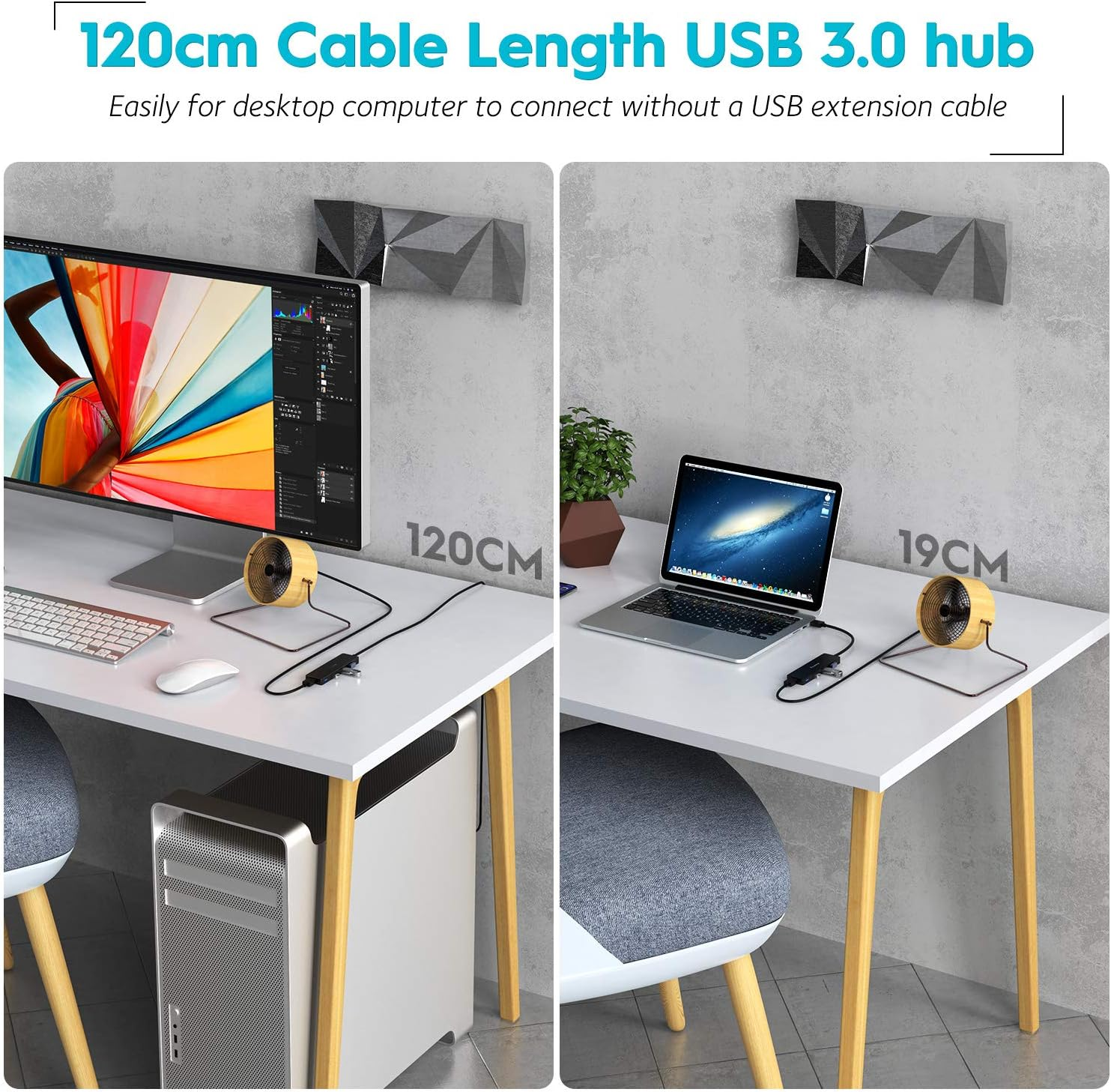 Aceele USB Hub 3.0 Splitter with 4Ft Extension Long Cable Cord [Charging Not Supported], 4-Port Extra Slim Multiport Expander for Desktop PC, PS4, Laptop, Surface Pro, Imac, Flash Drive, Mobile HDD