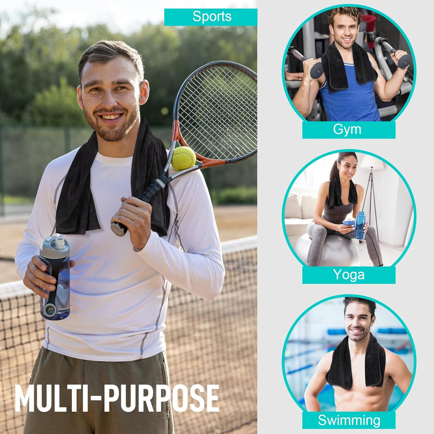 Sinland 3 Pack Multi Purpose Microfiber Gym Towels Fast Drying Sports Towel Super Soft and Absorbent Travel Camping Towels for Swimming Beach Hiking Yoga 40CM X 80CM Black image number 1