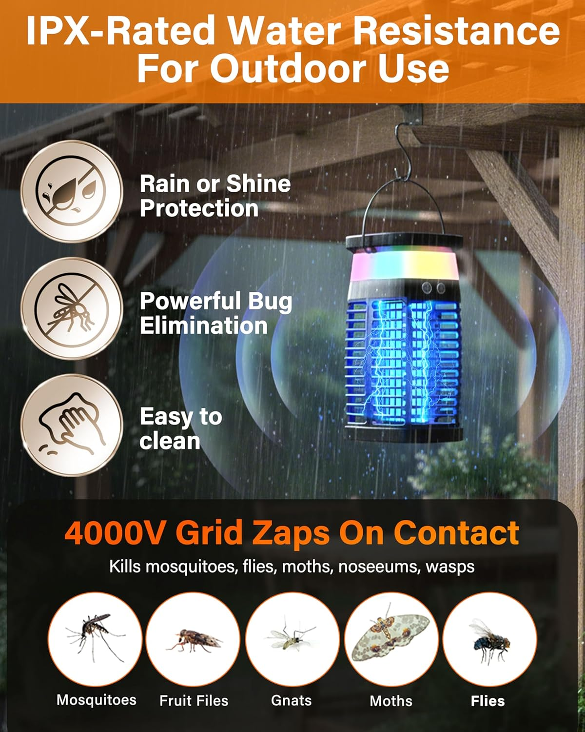 Mosiller Solar Bug Zapper Outdoor - Electric Fly Killer Mosquito Zapper Waterproof, Portable Trap Lamp Brightness Outdoor & Indoor Insect Killer with Panel Sensor for Home, Patio, Backyard, Camping image number 2