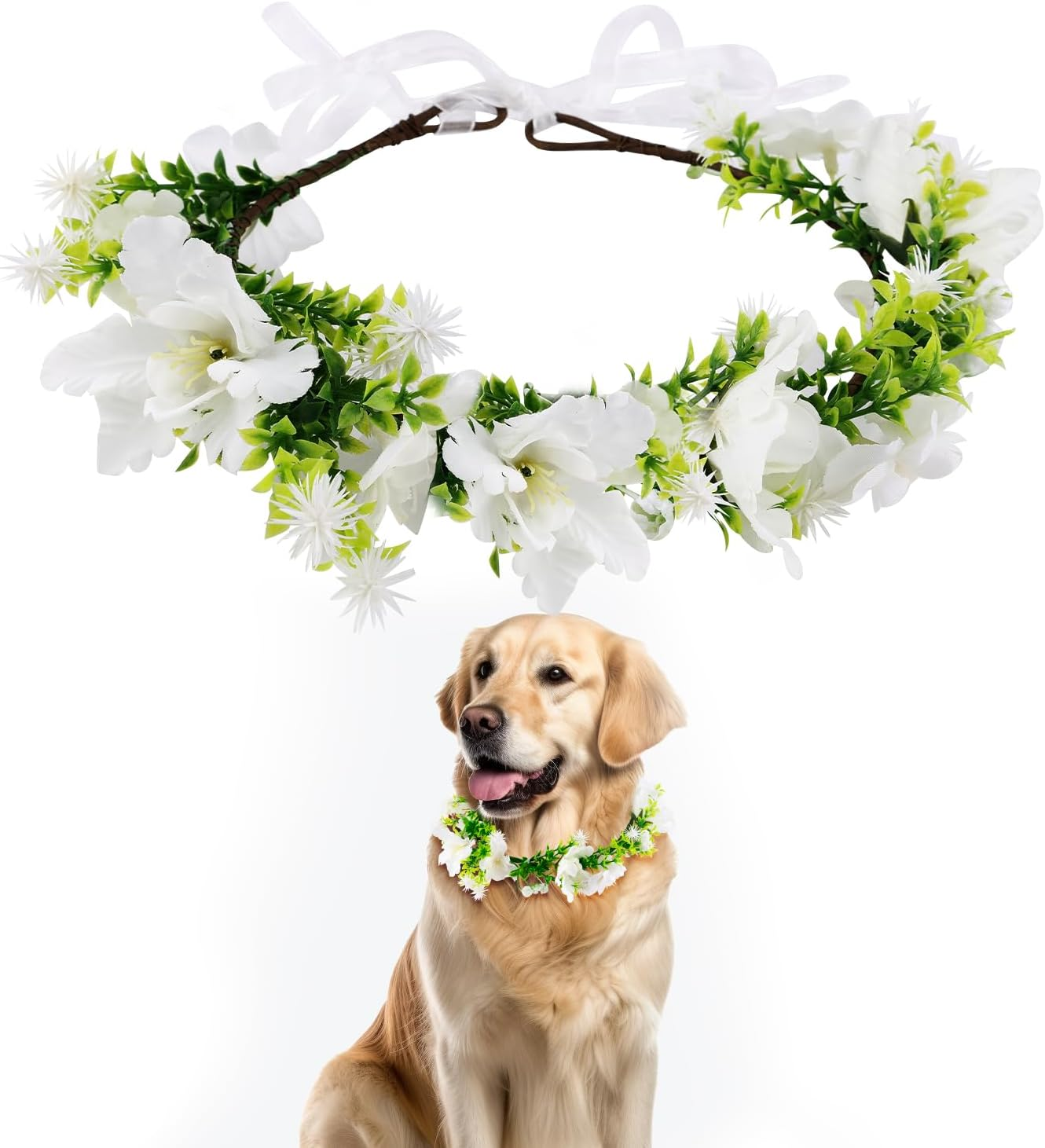 Dog Wedding Flower Crown, Floral Garland Collar Dog Flower Wreath Bow Pet Flower Ring Wedding Attire for Photo Props