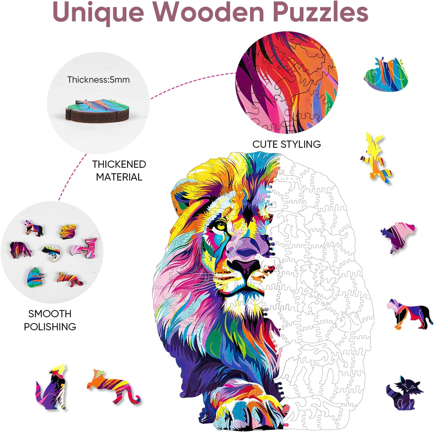 Wooden Puzzles for Adults, Lion Jigsaw Puzzles 200 Pieces, Unique Shaped Puzzle for Adults and Kids, Ghristmas Gift Family Game 10.8 X 11.2 Inch image number 3