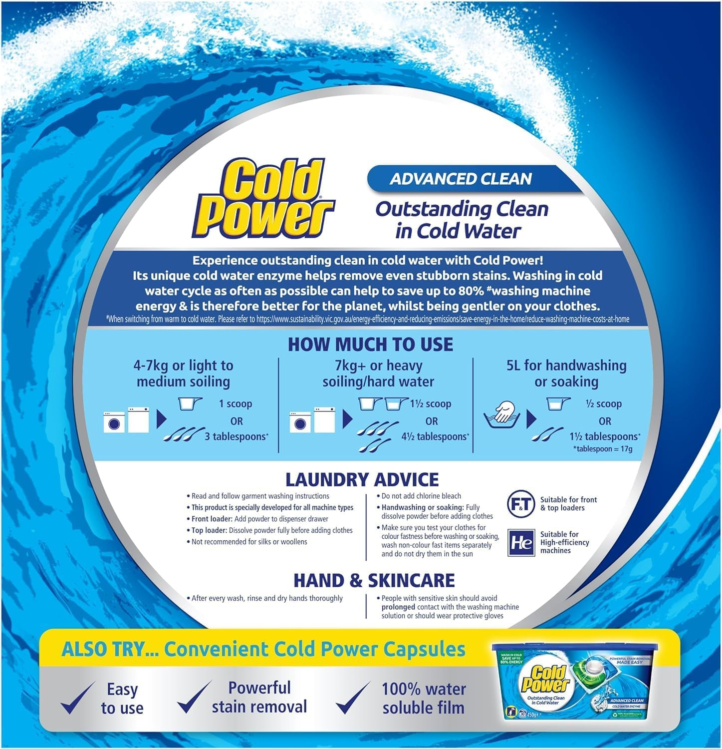 Cold Power Advanced Clean, Powder Laundry Detergent, 2Kg, Suitable for Front and Top Loaders image number 1