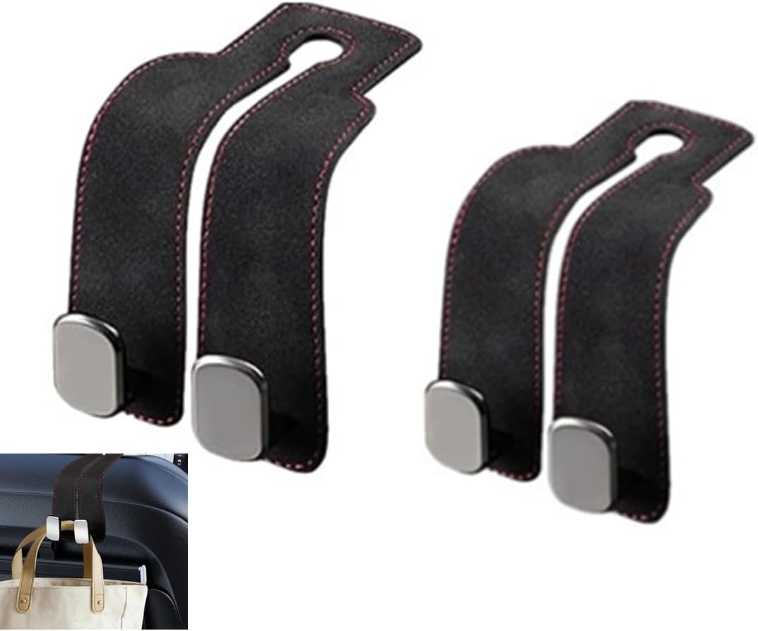 2 Pcs Leather Car Seat Headrest Double Hooks,Double Headrest Hooks Purse Holder & Mobile Phone Holder, Car Hanger Storage Car Seat Back Organizer for Bags, Purses, Handbags(Black) image number 3