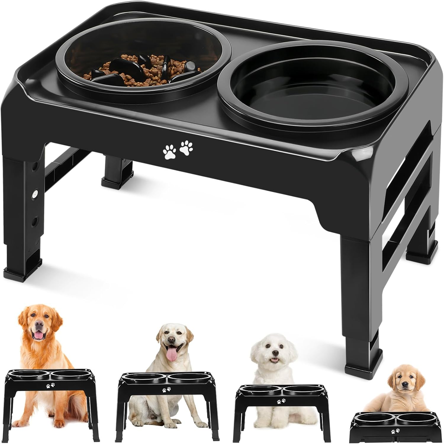 COMESOON 2-In-1 Elevated Dog Bowls Slow Feeder for Large Breed Medium Sized Dogs, 4 Height Adjustable Raised Dog Bowl Stand for Food and Water, Non-Slip Dog Feeder, Black