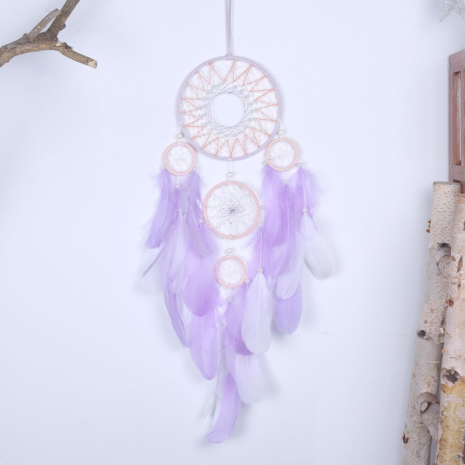 Dream Catcher Wall Decor,Decorative Ornament Art - Lucky Five Rings Feather Dream Catcher, Wall Hangable Decor for Kids Bedroom Living Room - Blue image number 6