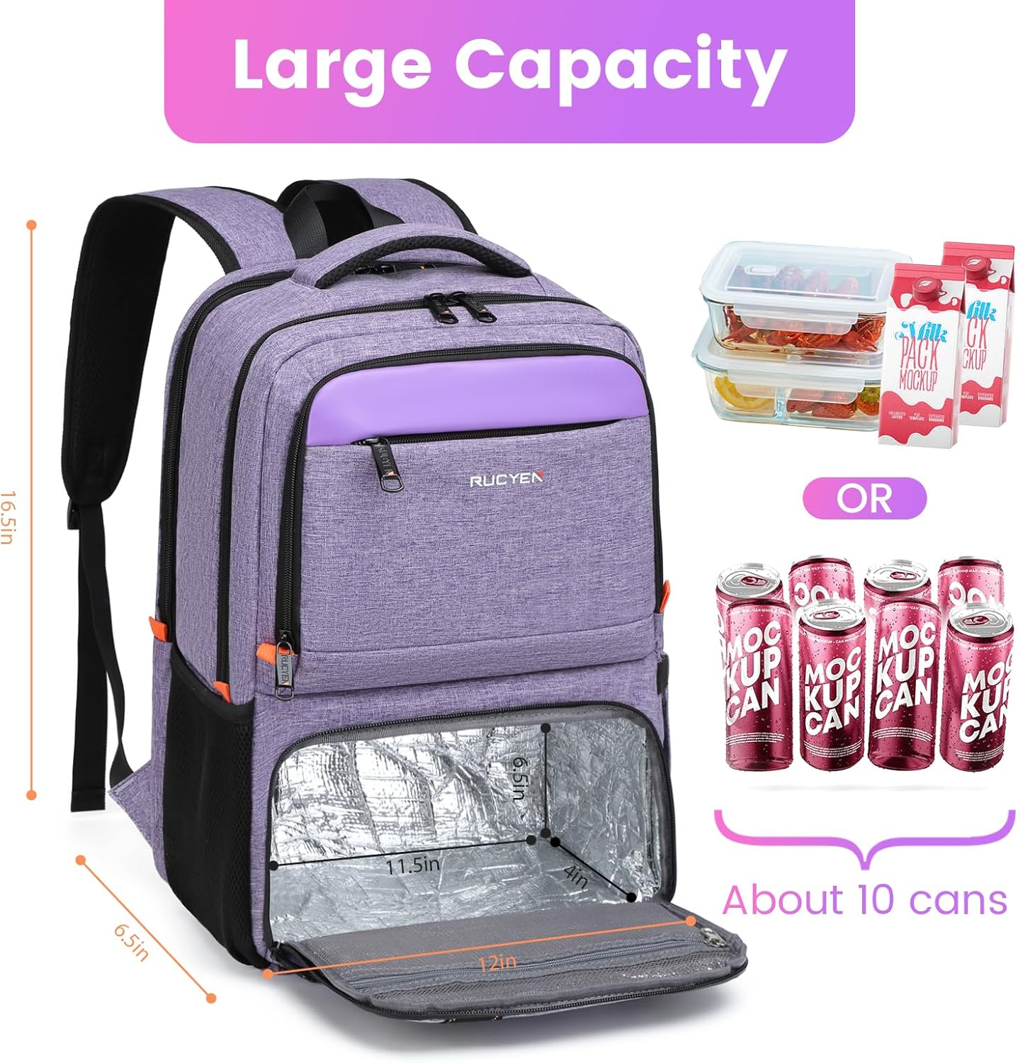 Lunch Backpack, Insulated Cooler Laptop Backpack, Purple, 15.6 Inches image number 5