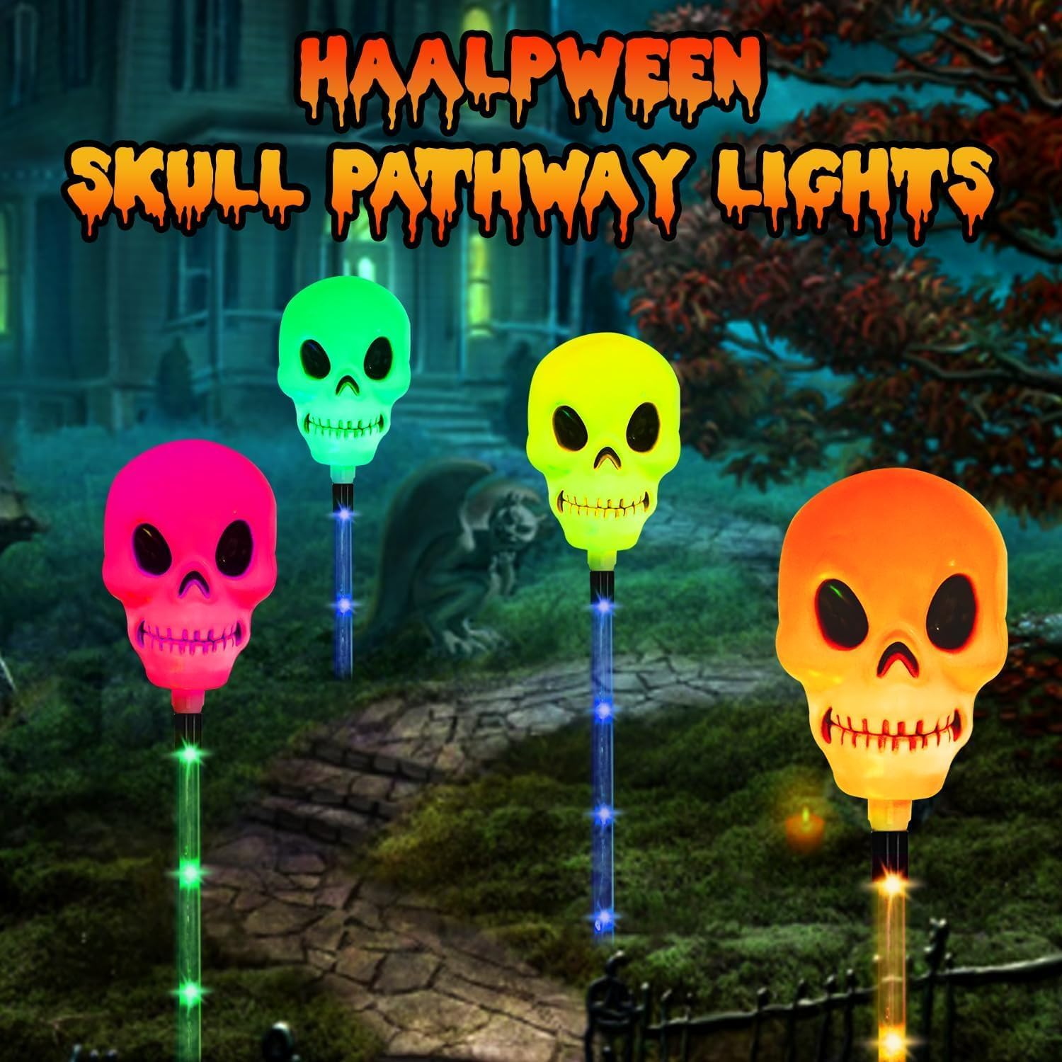 XIJUAN Halloween Decor 4-Set Solar Pathways Lights with Multi-Color Waterproof Skeleton Lights for Halloween Decorations Outdoor outside for Yard Garden Walkway Lawn image number 6
