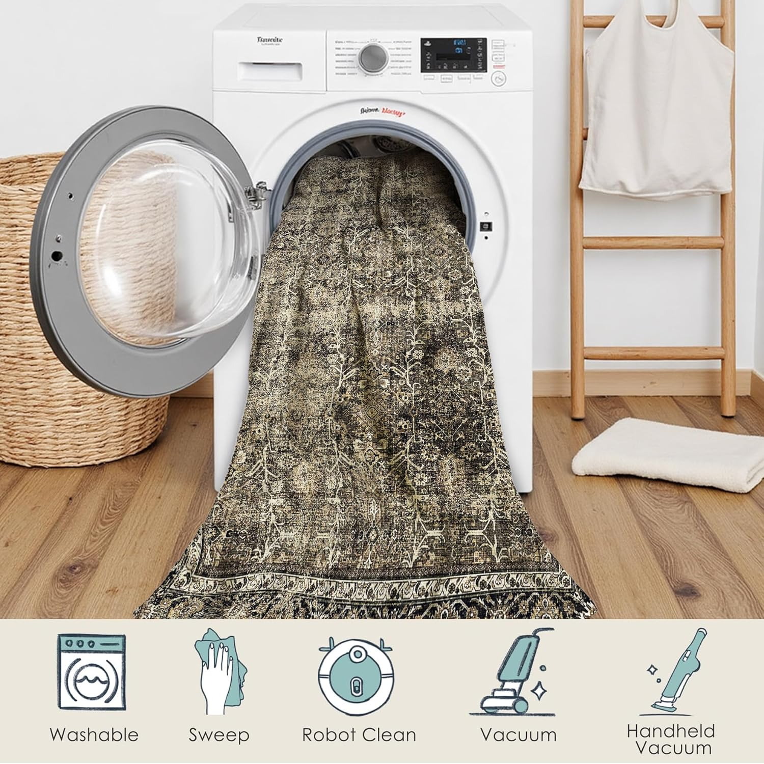 Purecozy Vintage Rugs for Living Room 160X230Cm Brown Office Washable Carpet Non Slip Bedroom Indoor Area Rug Low Pile Home Decor Retro Accent Rug for Dining Room Bathroom Kitchen image number 7