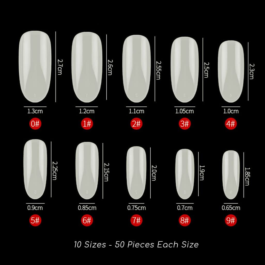 500 Pieces Long Oval Full Cover Nails Natural with 2G Glue, Beauties Factory Natural Oval False Nail Tips in 10 Sizes (Size 0-9) for Nail Salons DIY Extensions Design Manicure