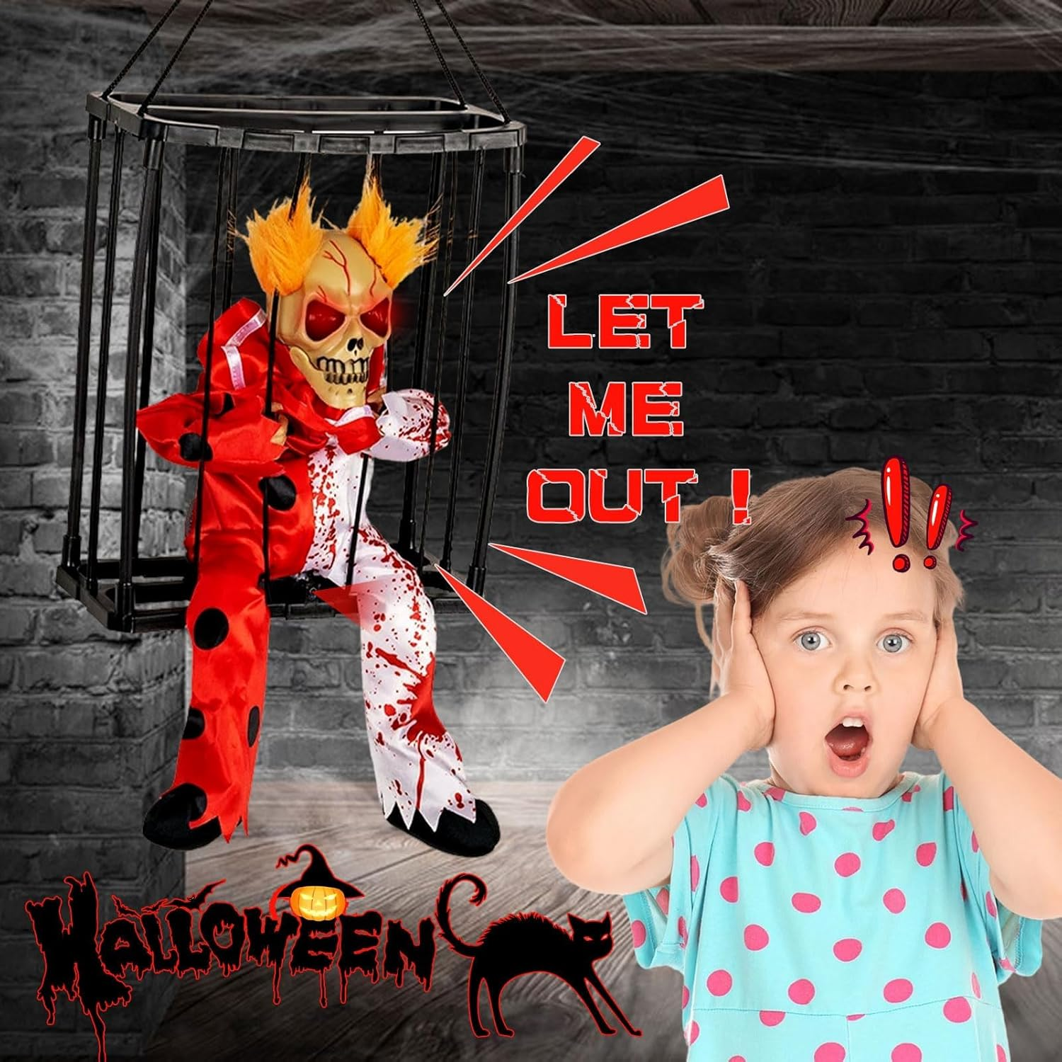 Halloween Decorations Outdoor Animated Halloween Decor Scary Skull Cage Prop with Sound & Motion Activated Spooky Hanging Ghost Decoration for Haunted House Indoor outside Home Decor